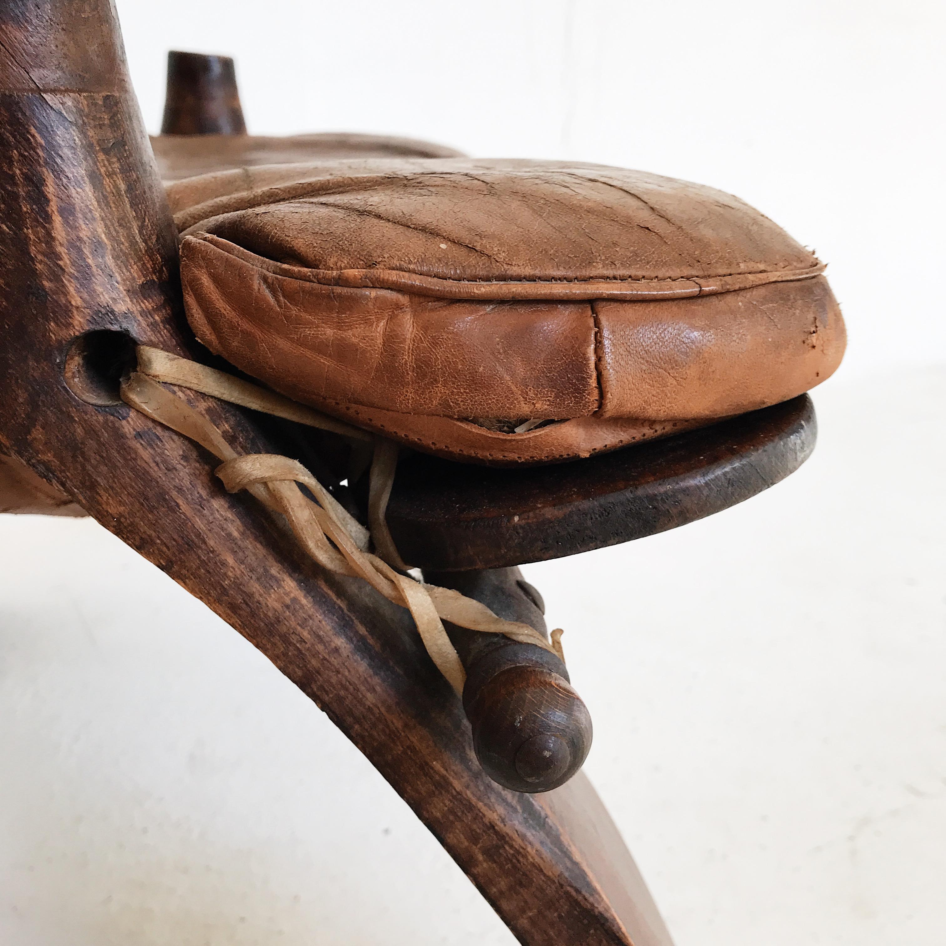 Mid-20th Century Egyptian Wooden Camel Saddle Stool with Original Leather Saddle For Sale 9
