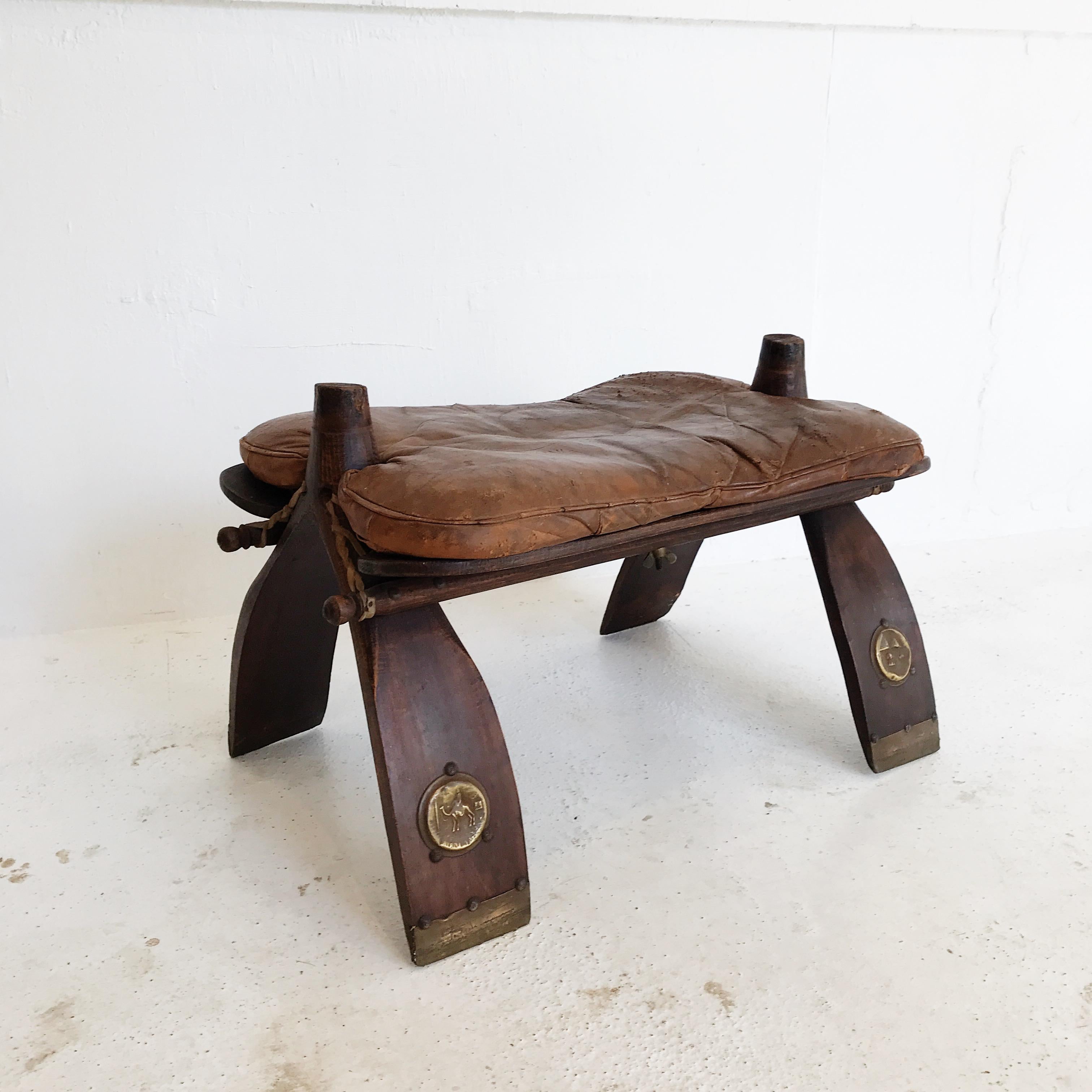 Mid-20th Century Egyptian Wooden Camel Saddle Stool with Original Leather Saddle For Sale 13