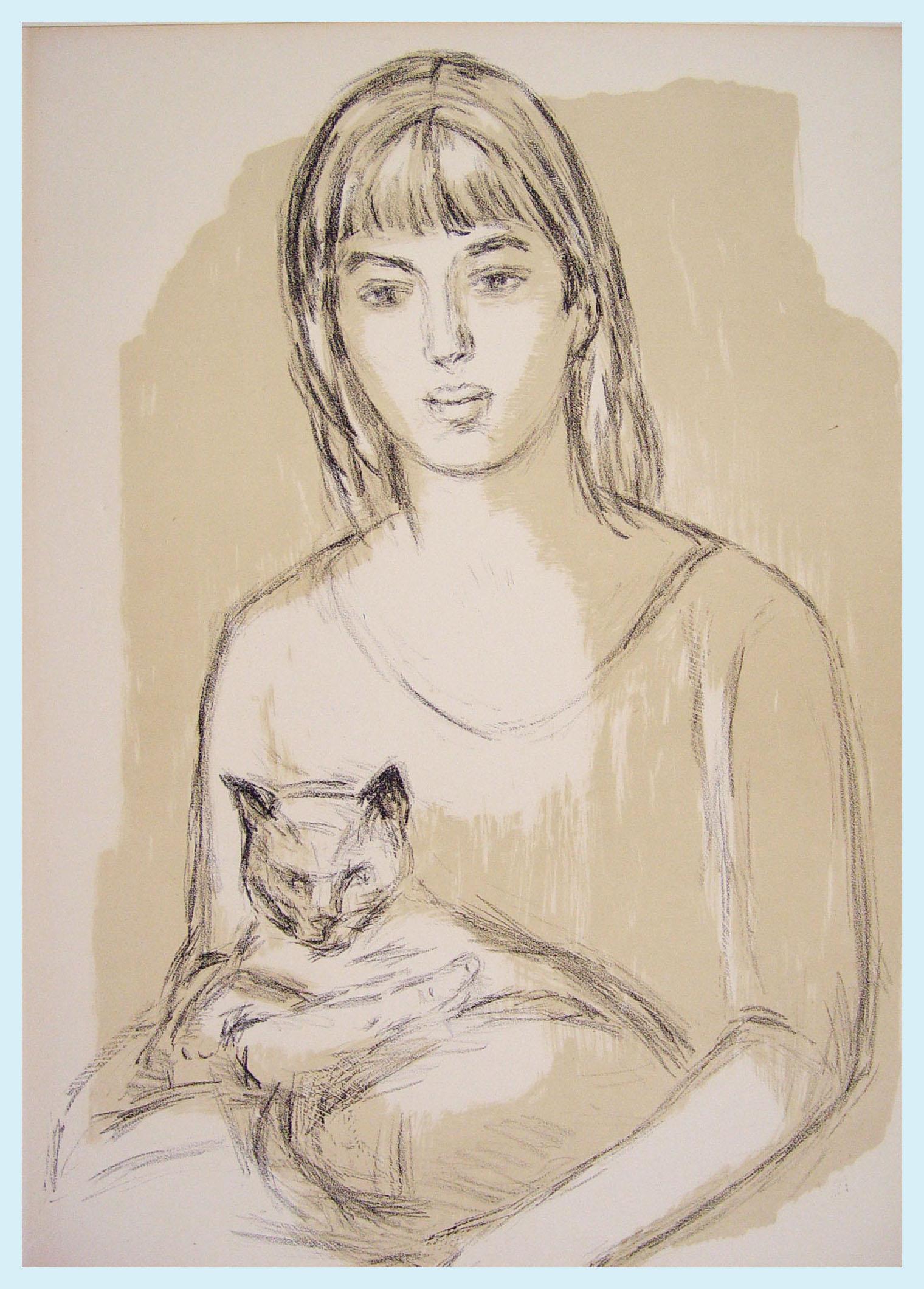 Mid-Century Modern Mid 20th Century Einar Rosen Girl with Cat Lithograph For Sale