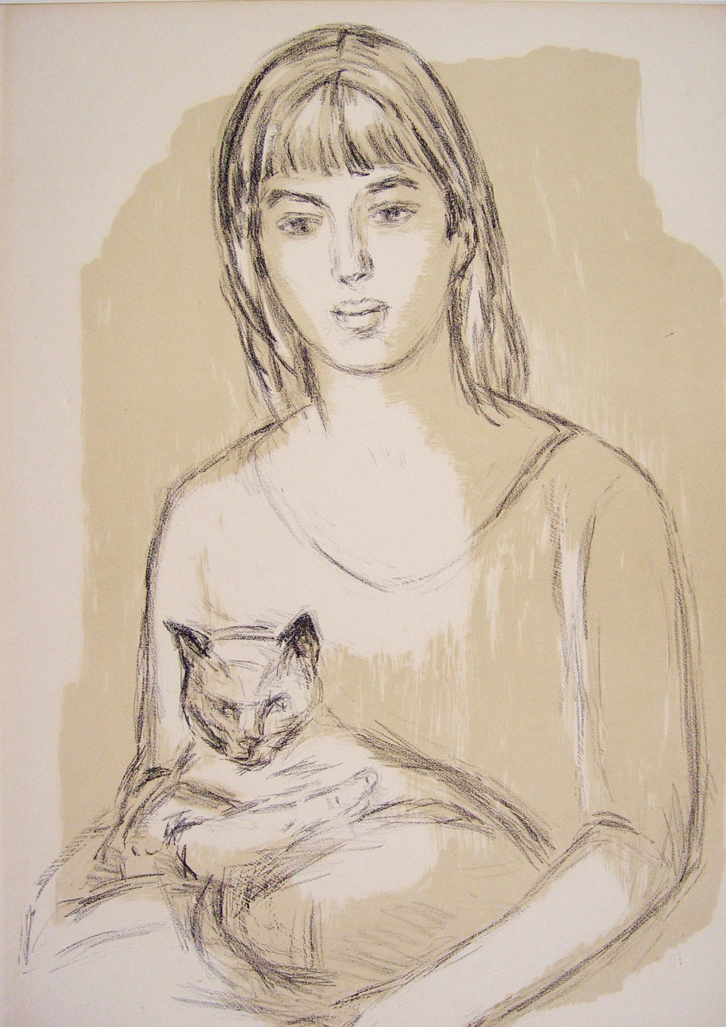 Swedish Mid 20th Century Einar Rosen Girl with Cat Lithograph For Sale