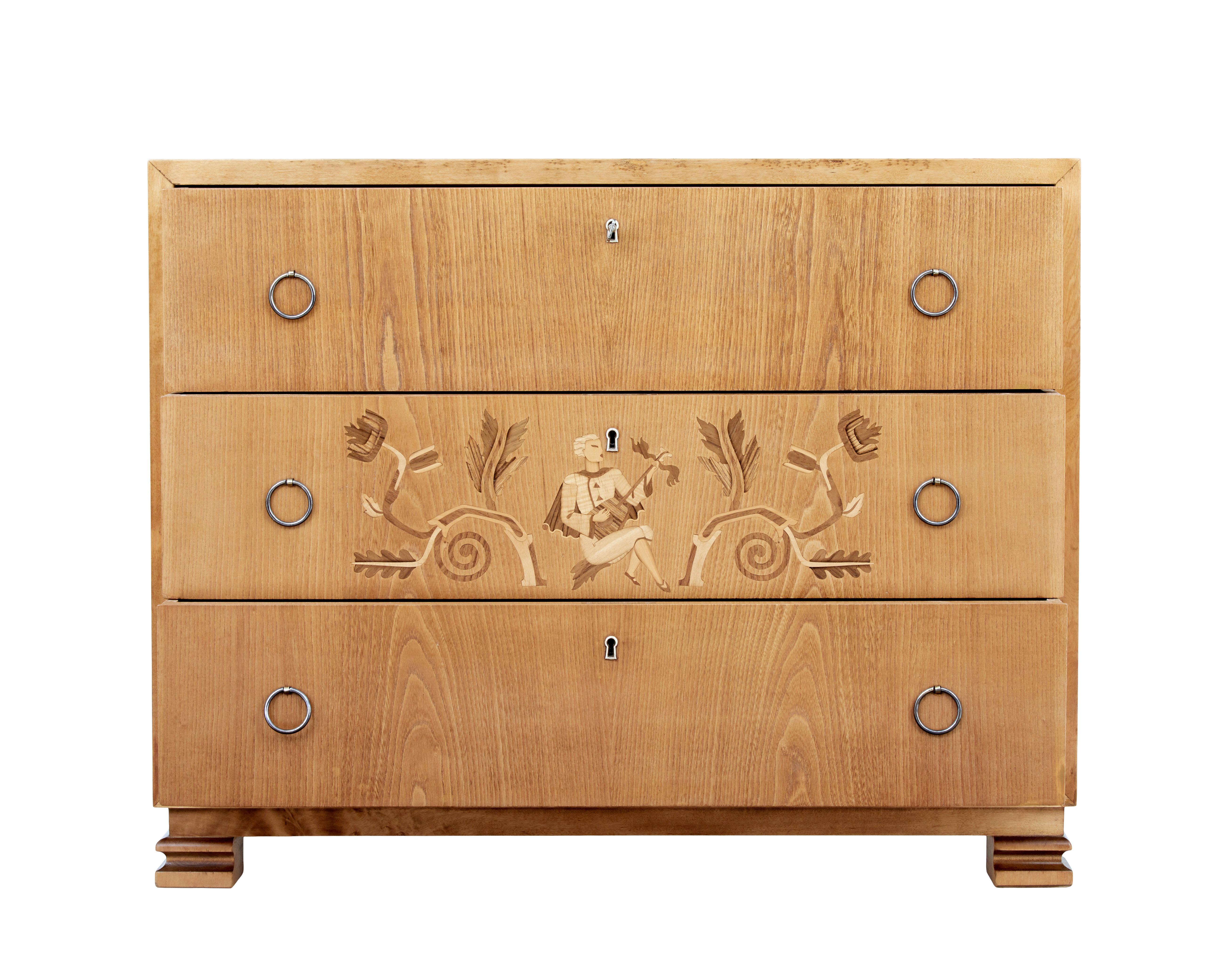 Art Deco Mid-20th Century Elm and Birch Swedish Grace Chest of Drawers