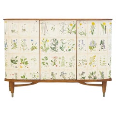 Mid-20th Century Elm Wood Cabinet with Nordens Flora Illustrations