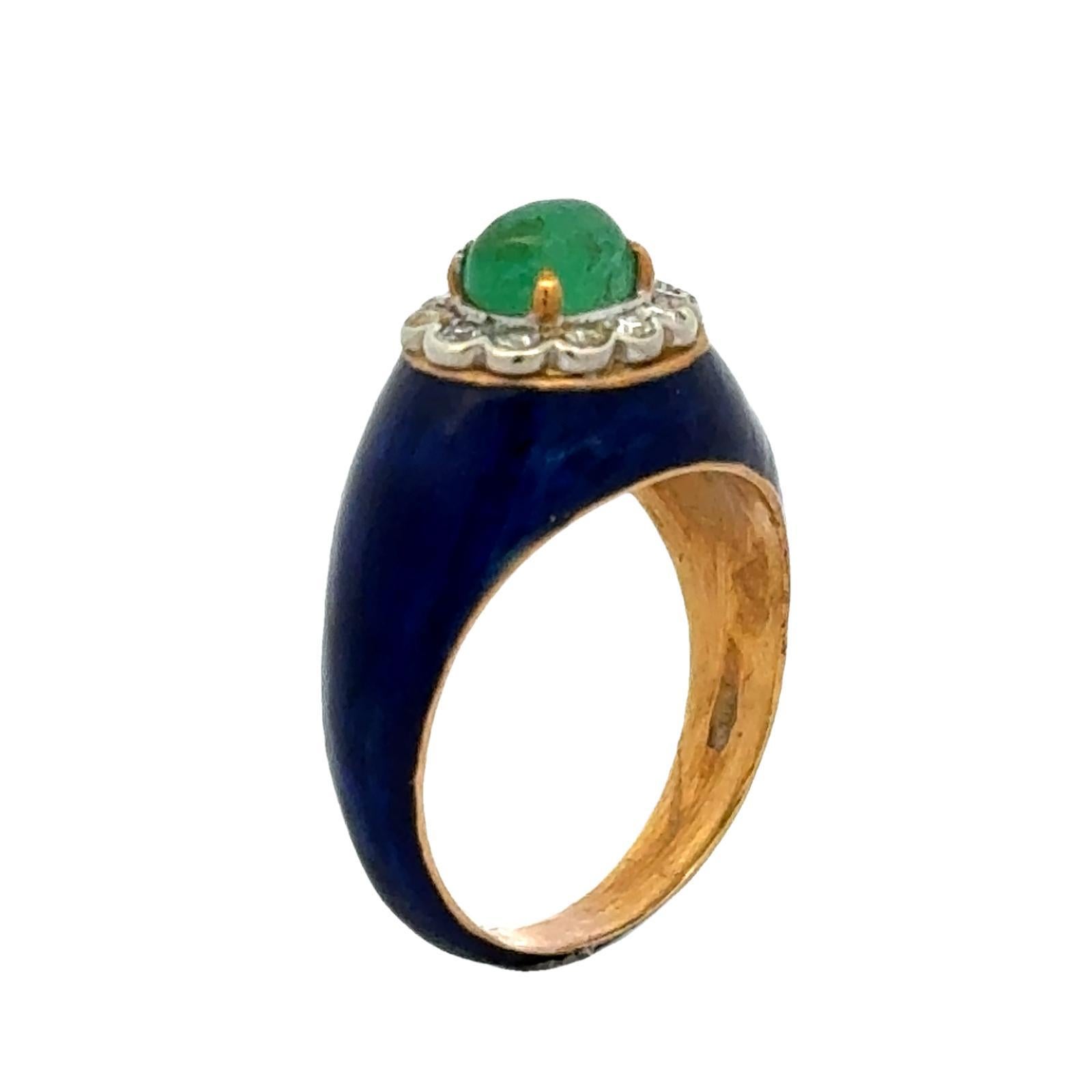 Modern Mid-20th Century Emerald Diamond Blue Enamel 18K Yellow Gold Ring For Sale