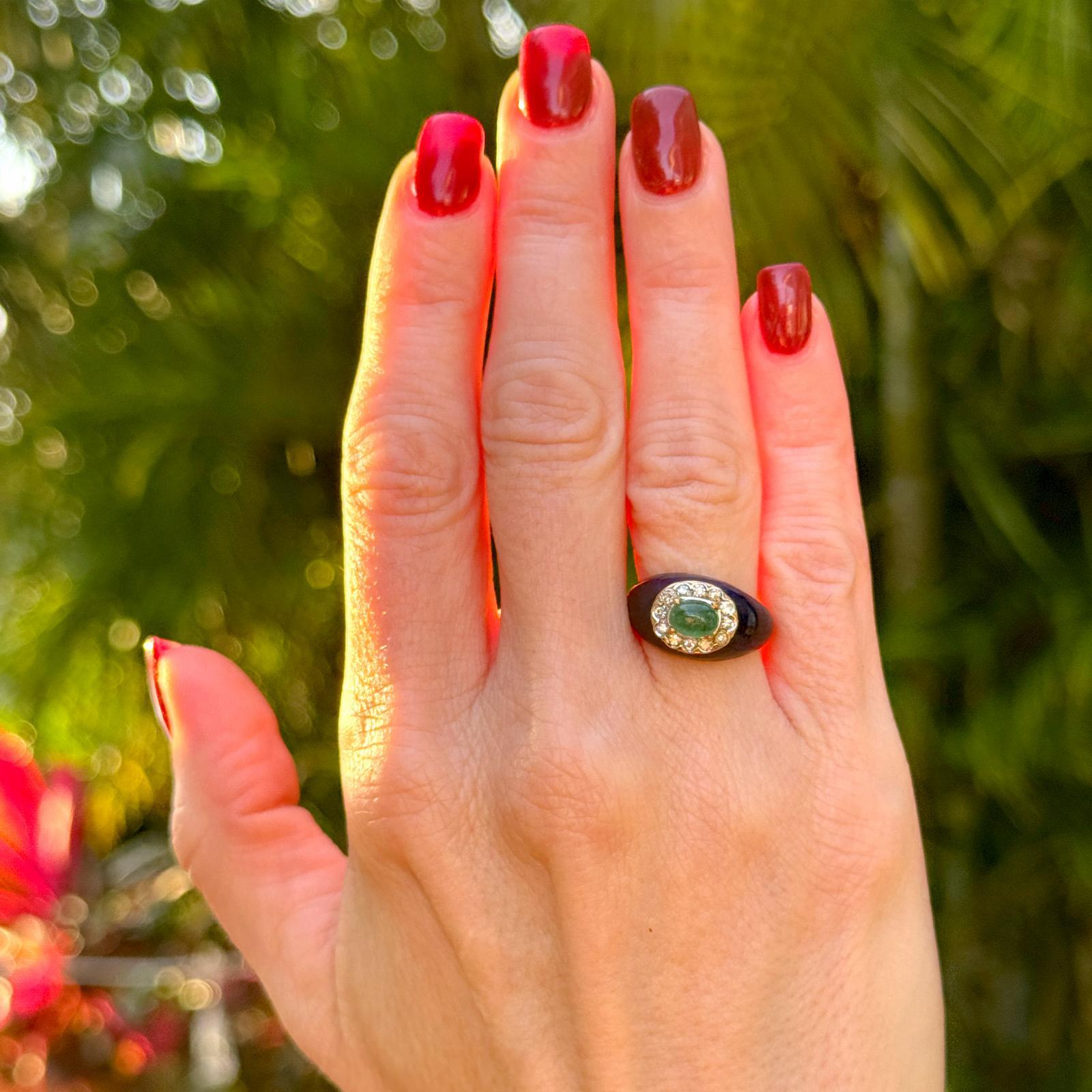 Cabochon Mid-20th Century Emerald Diamond Blue Enamel 18K Yellow Gold Ring For Sale