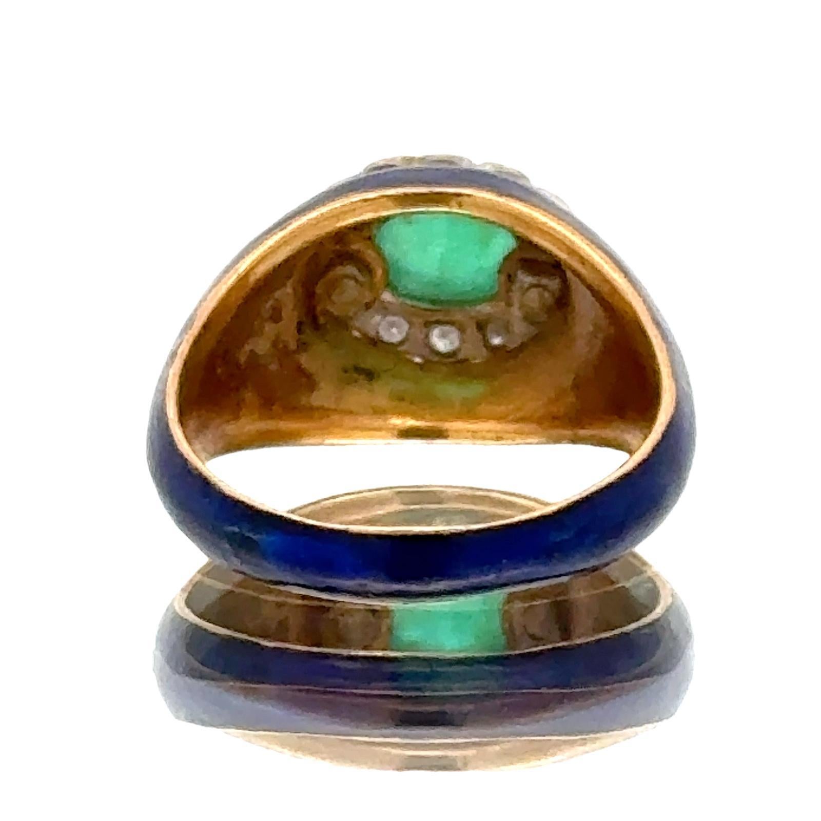 Women's Mid-20th Century Emerald Diamond Blue Enamel 18K Yellow Gold Ring For Sale