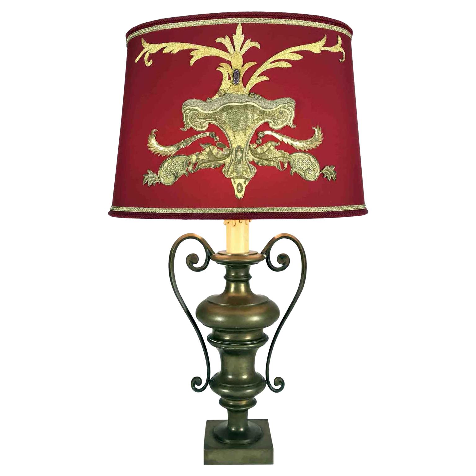 20th Century Italian Empire Bronze Table Lamp Red Lampshade Golden Embroideries