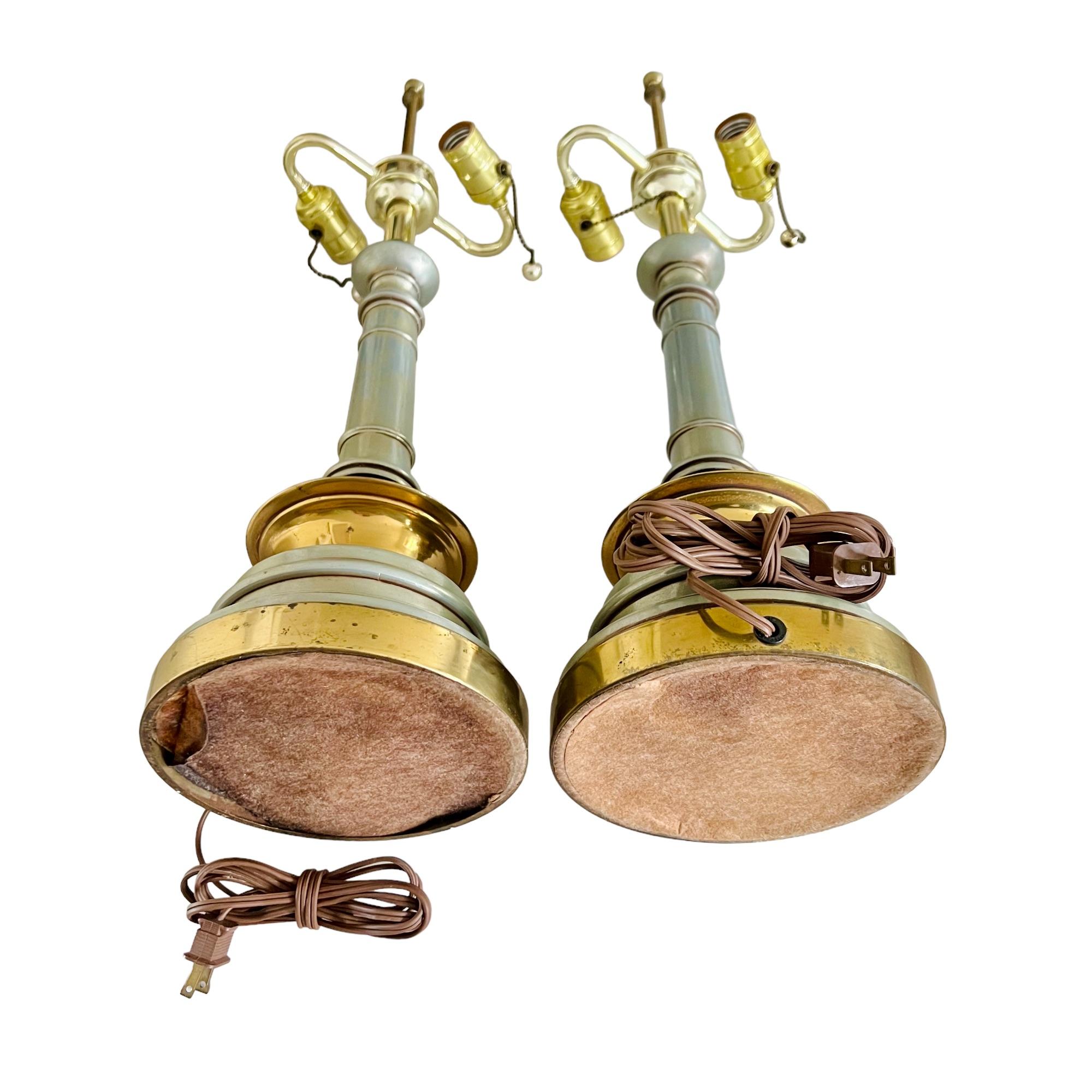 Hollywood Regency Enamel & Brass Lamps with Yellow Shades, a Pair 5