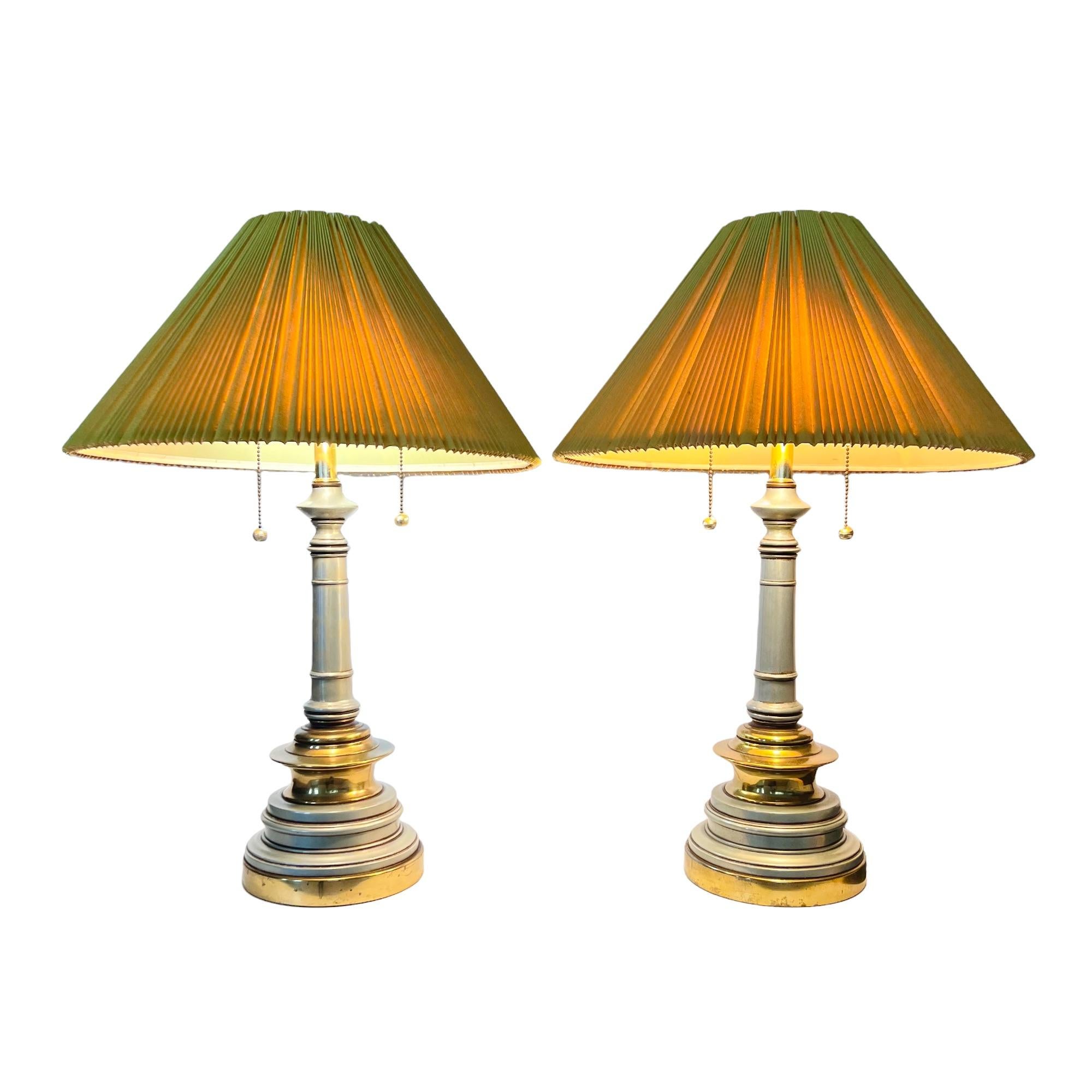 American Hollywood Regency Enamel & Brass Lamps with Yellow Shades, a Pair