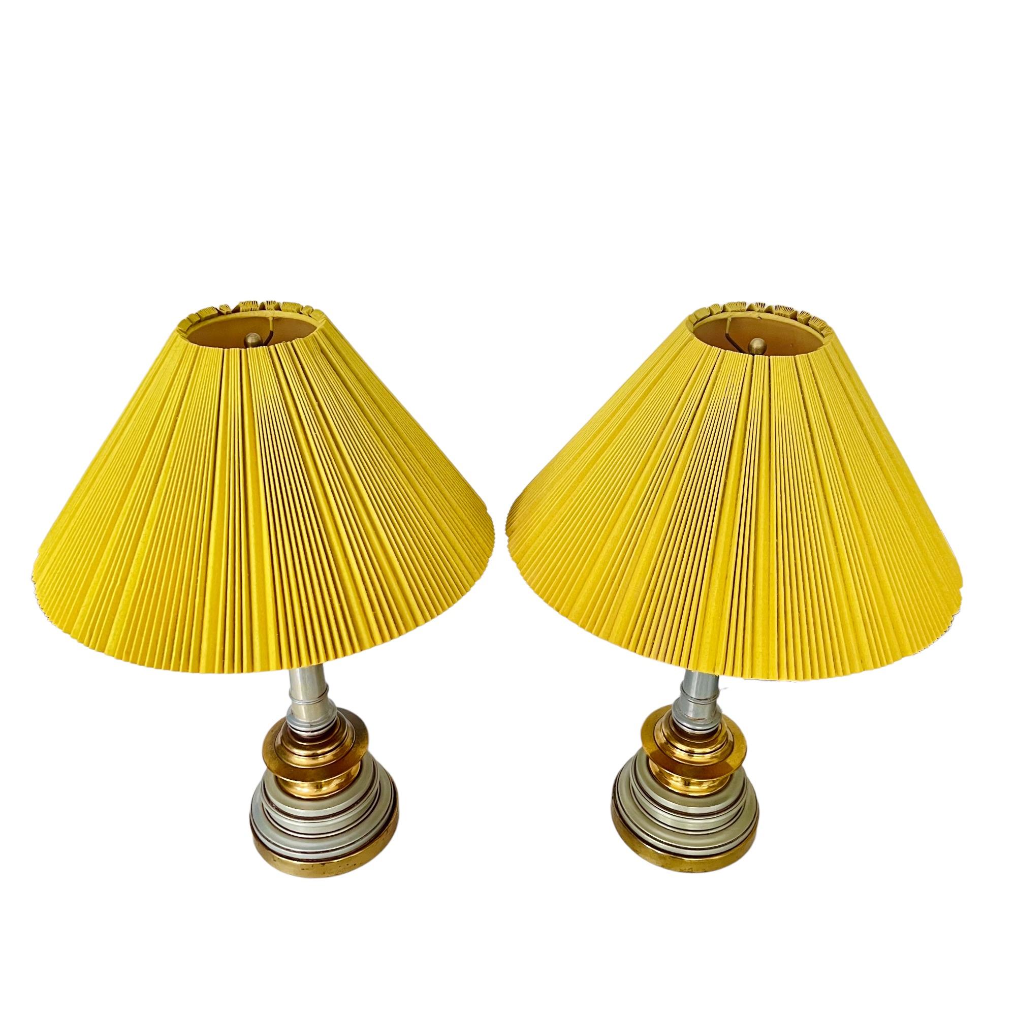 Enameled Hollywood Regency Enamel & Brass Lamps with Yellow Shades, a Pair