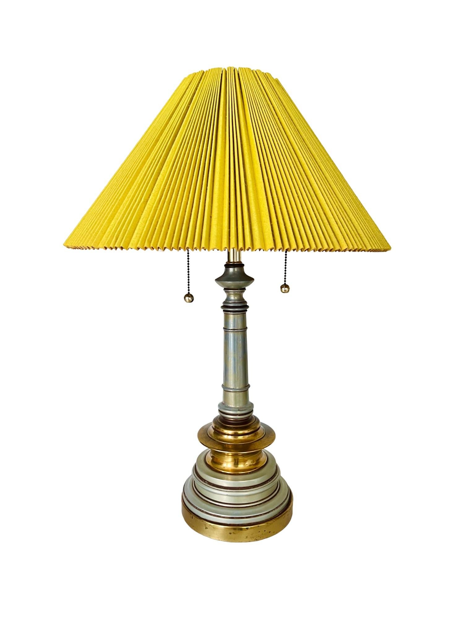Hollywood Regency Enamel & Brass Lamps with Yellow Shades, a Pair In Good Condition In Harlingen, TX