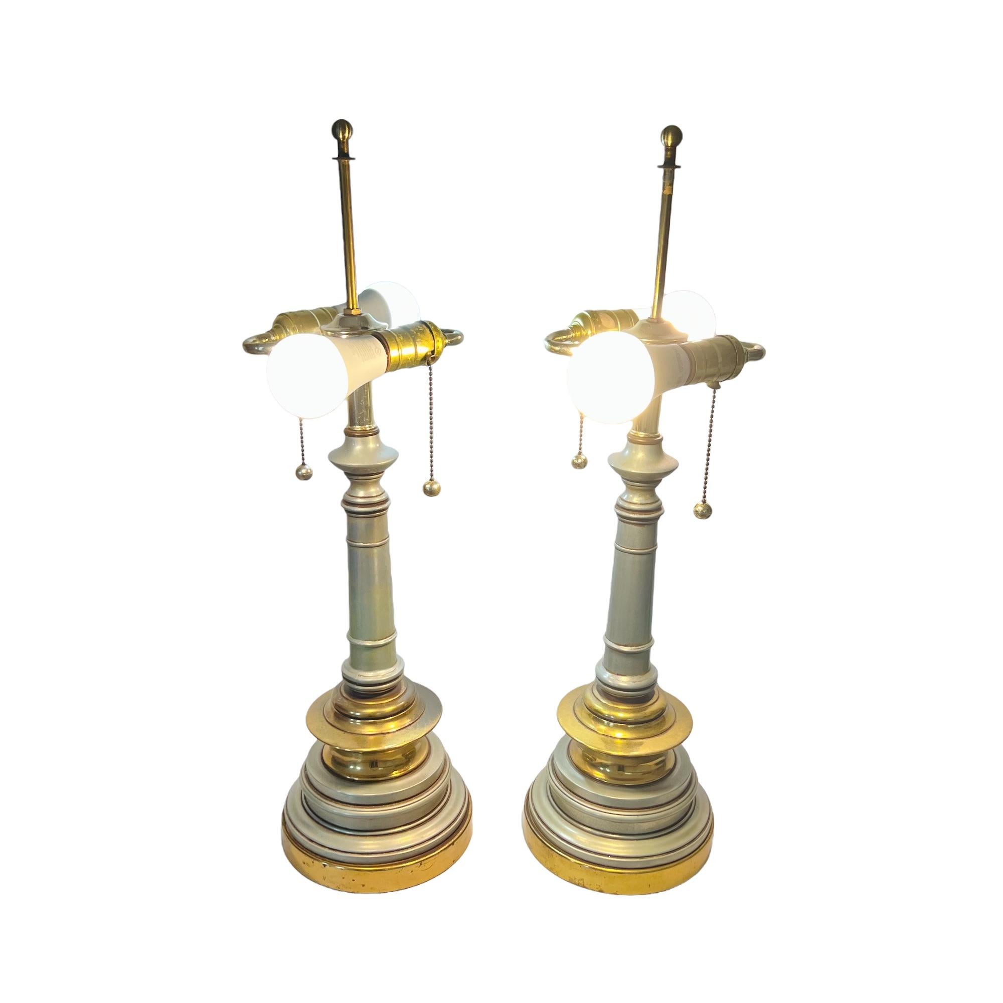 20th Century Hollywood Regency Enamel & Brass Lamps with Yellow Shades, a Pair