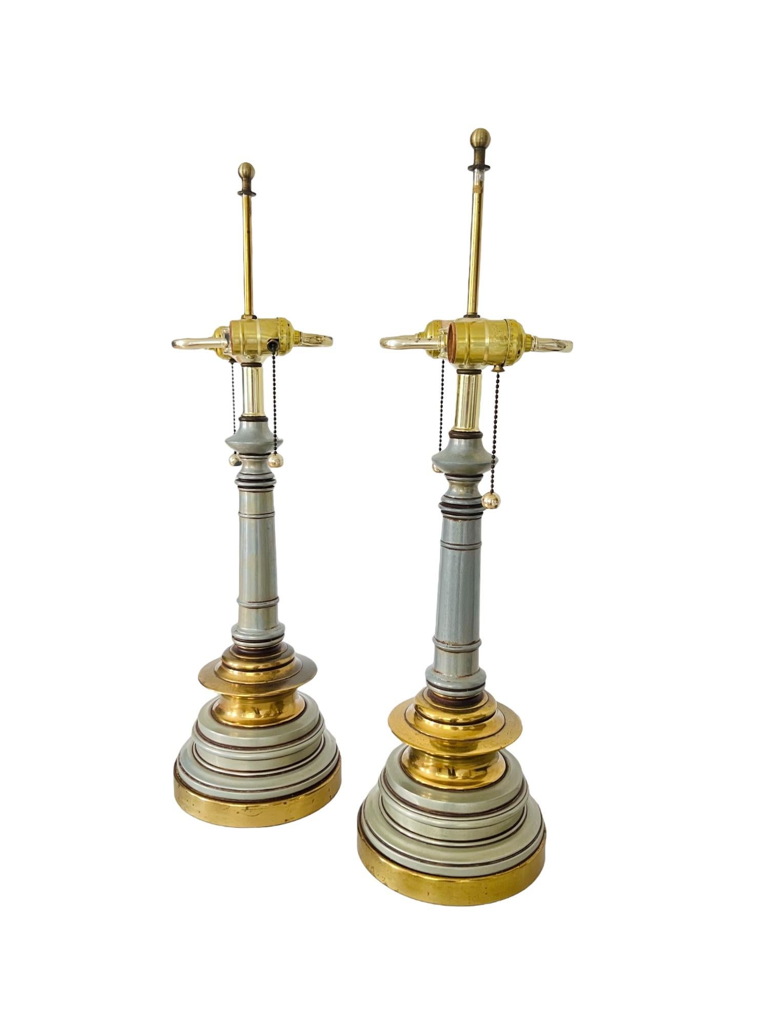 Metal Hollywood Regency Enamel & Brass Lamps with Yellow Shades, a Pair