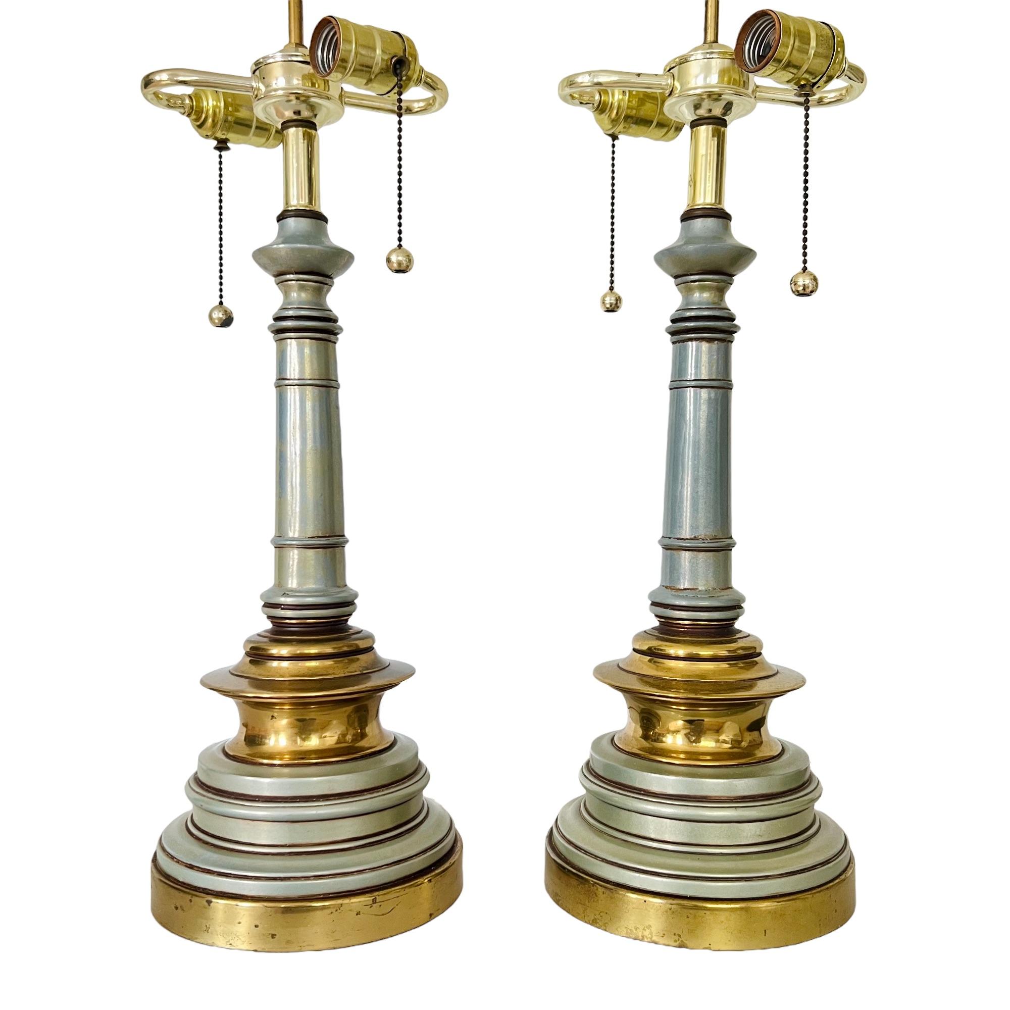 Hollywood Regency Enamel & Brass Lamps with Yellow Shades, a Pair 1
