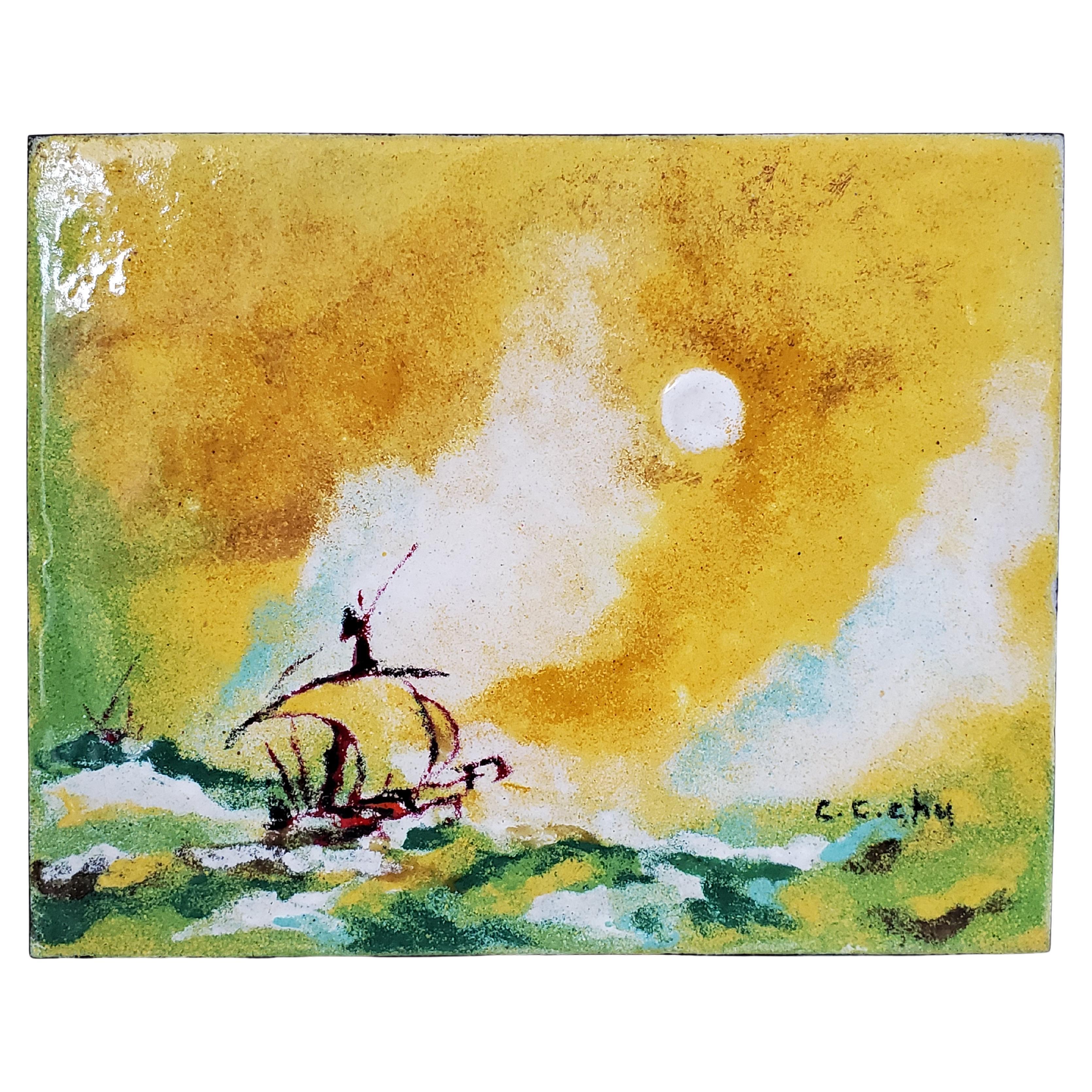Mid Century Enamel Painting on Copper by C. C. Chu For Sale