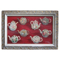 Mid 20th Century  English 1972 Oil on Board 18th Century Teapots Folk Art