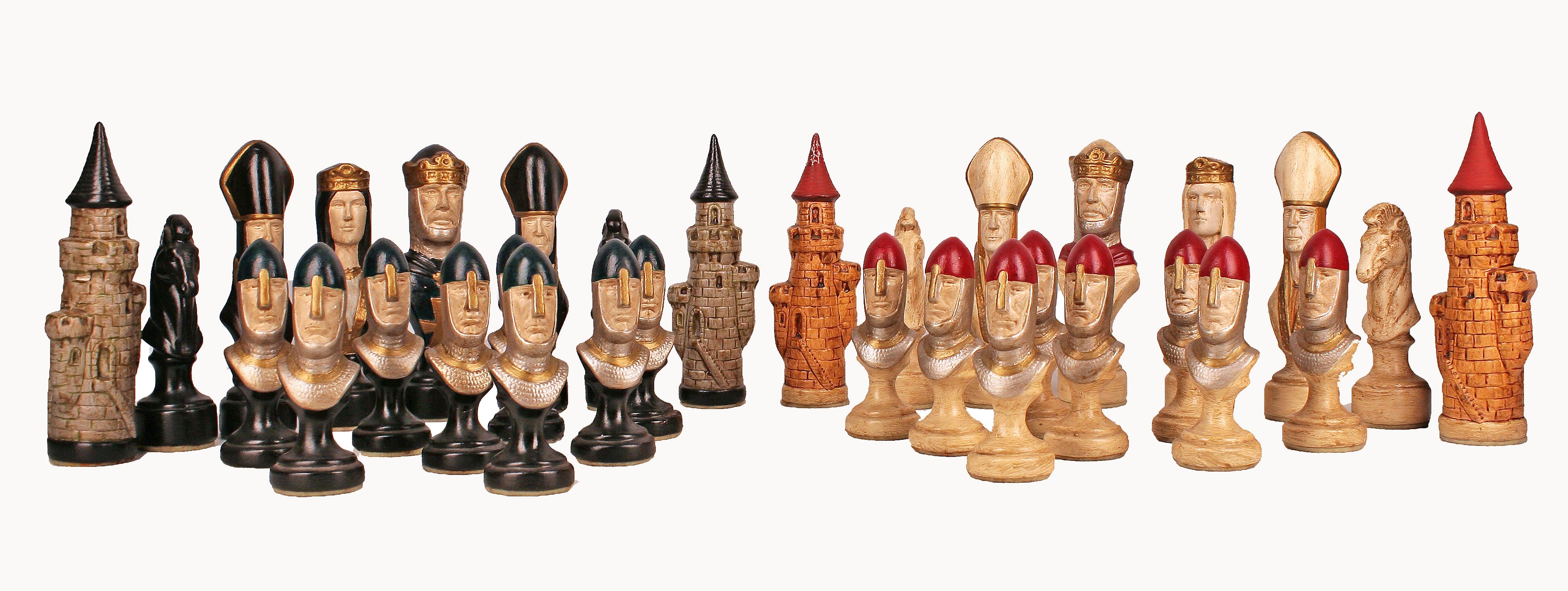 Mid-20th century english Camelot/King Arthur chess set made in hand-painted ceramic

By: unknown
Material: ceramic, enamel, paint, felt
Technique: molded, pressed, painted, hand-painted, hand-crafted, enameled, carved, hand-carved
Dimensions: 2 in x