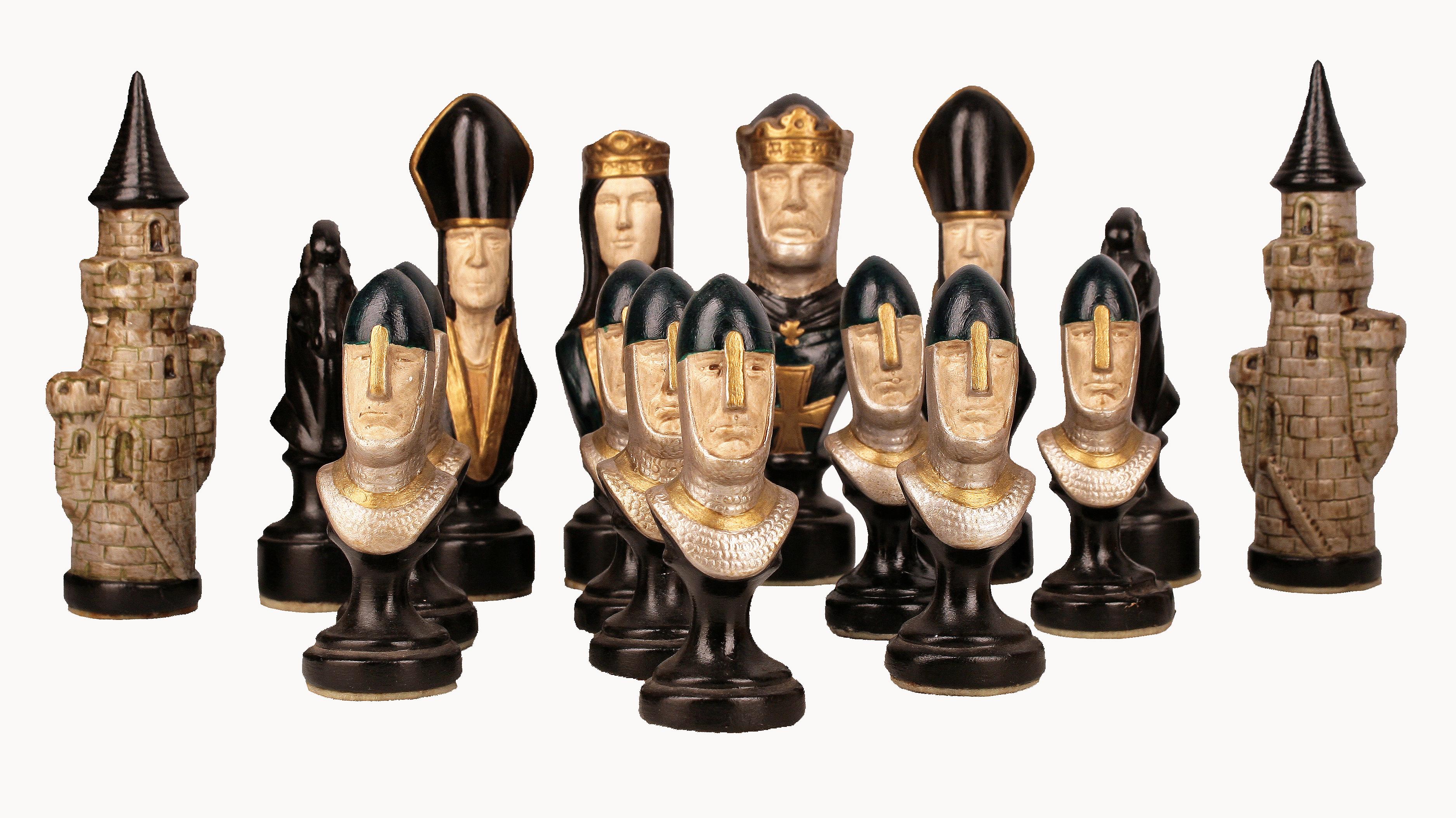 Enameled Mid-20th Century English Camelot/King Arthur Chess Set in Hand-Painted Ceramic For Sale