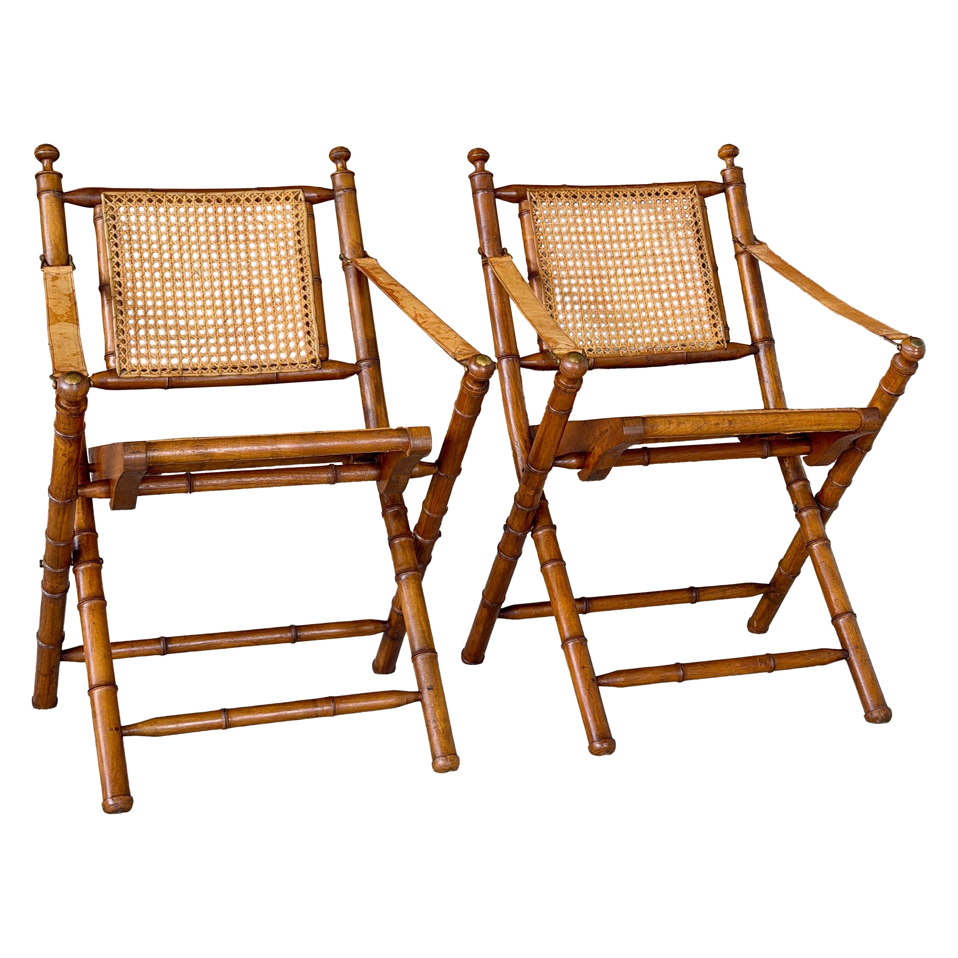 Mid-20th Century English Campaign Faux Bamboo Cane Folding Sling Armchairs-Pair