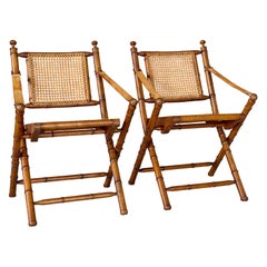 Mid-20th Century English Campaign Faux Bamboo Cane Folding Sling Armchairs-Pair