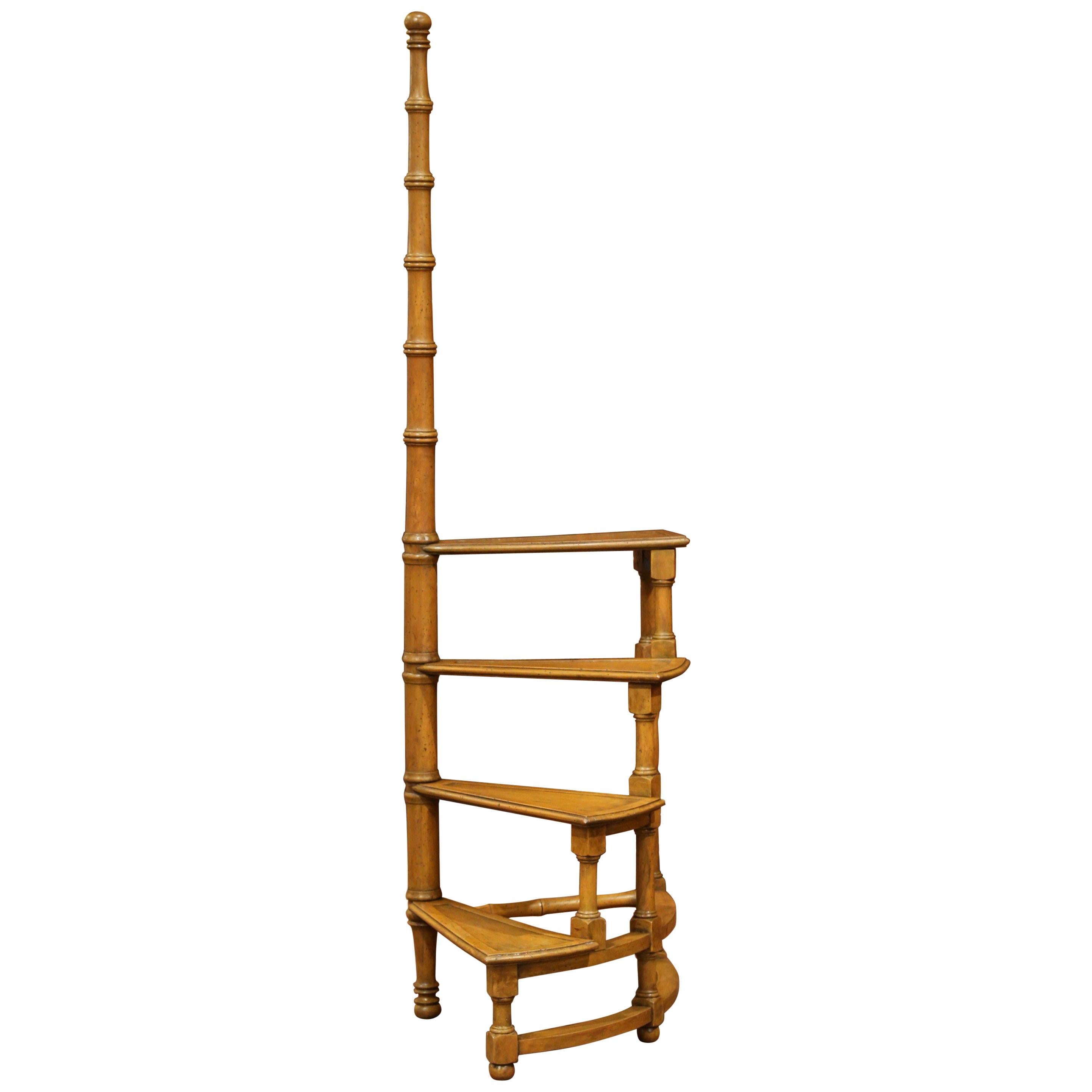 Mid-20th Century English Carved Four-Stairs Library Spiral Step Ladder