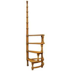 Retro Mid-20th Century English Carved Four-Stairs Library Spiral Step Ladder