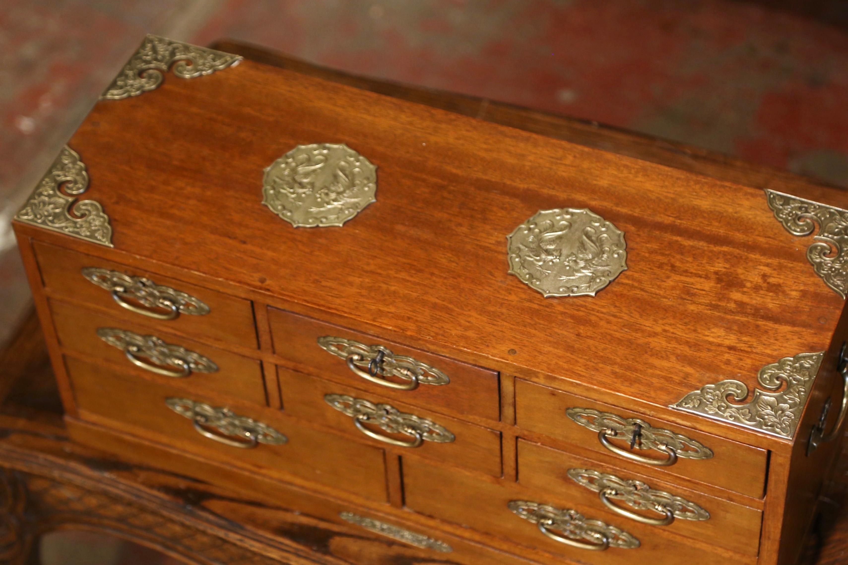 Mid-20th Century English Carved Mahogany and Brass Eight-Drawer Jewelry Box In Excellent Condition In Dallas, TX