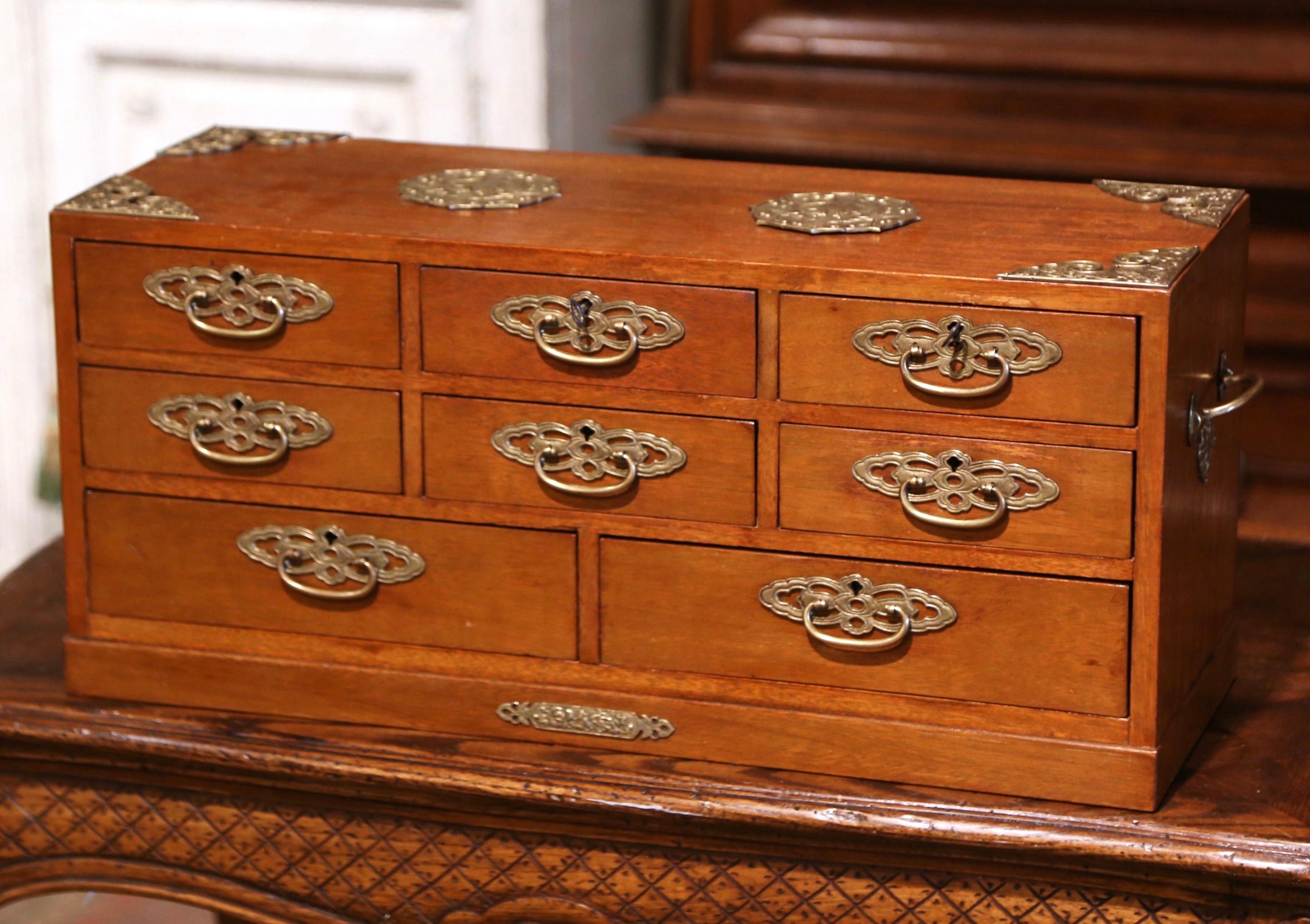 Mid-20th Century English Carved Mahogany and Brass Eight-Drawer Jewelry Box 2