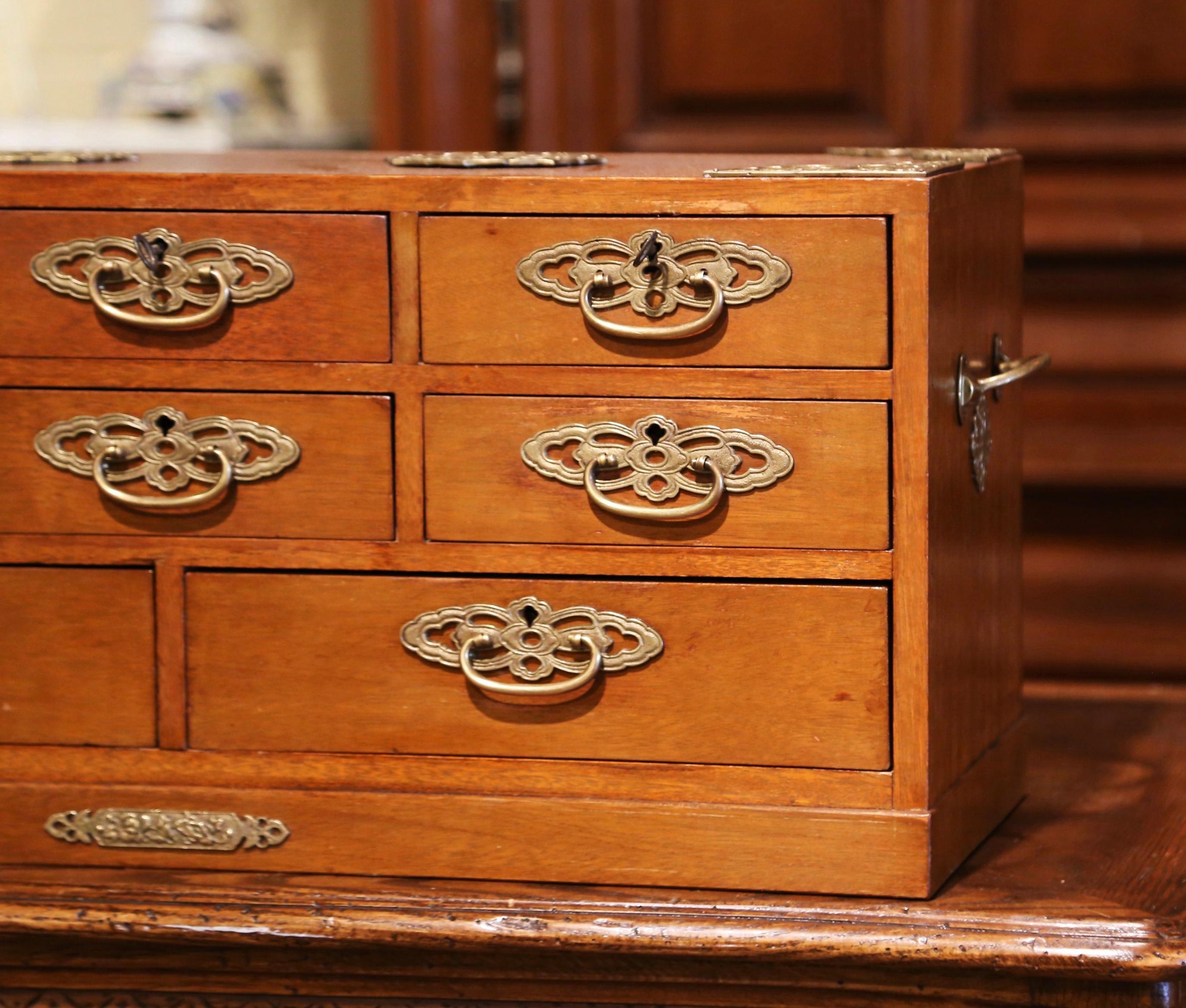 Mid-20th Century English Carved Mahogany and Brass Eight-Drawer Jewelry Box 3