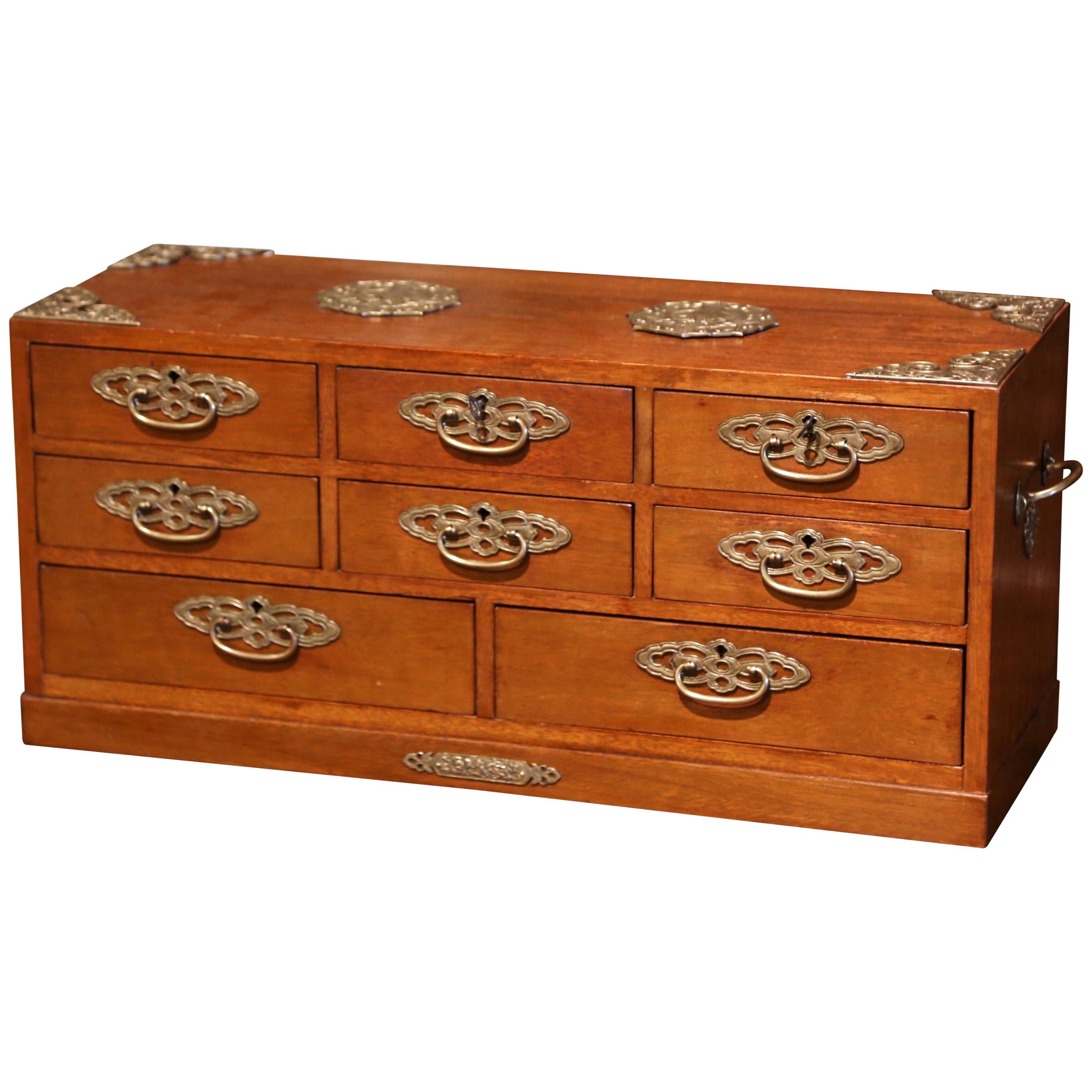 Mid-20th Century English Carved Mahogany and Brass Eight-Drawer Jewelry Box