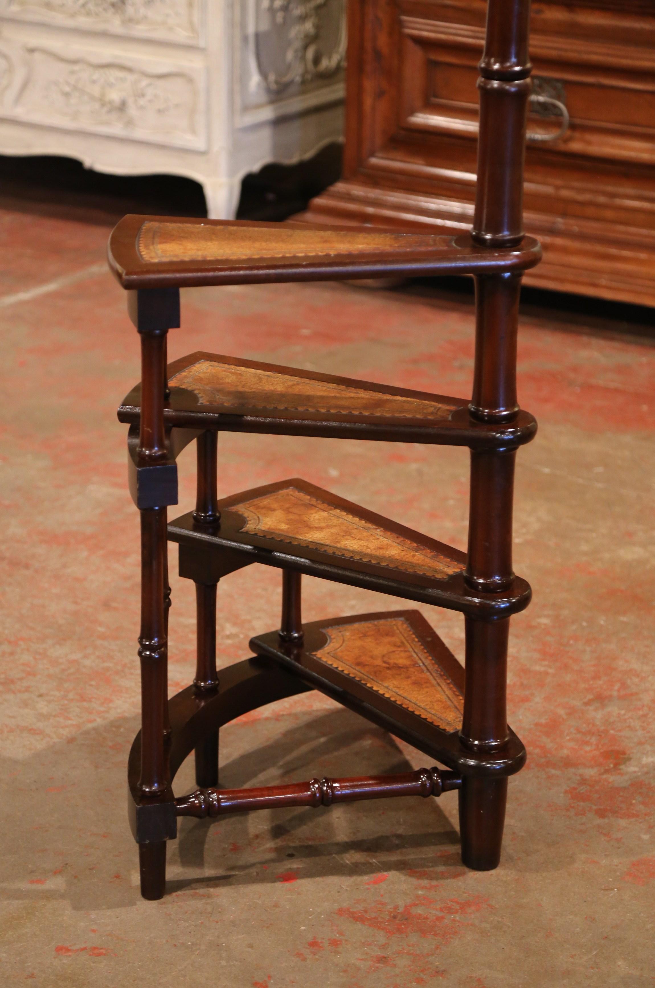 Mid-20th Century English Carved Mahogany and Leather Spiral Step Library Ladder 2