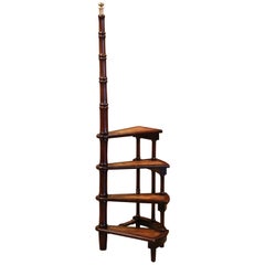 Vintage Mid-20th Century English Carved Mahogany and Leather Spiral Step Library Ladder