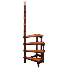 Vintage Mid-20th Century English Carved Mahogany and Leather Spiral Step Library Ladder