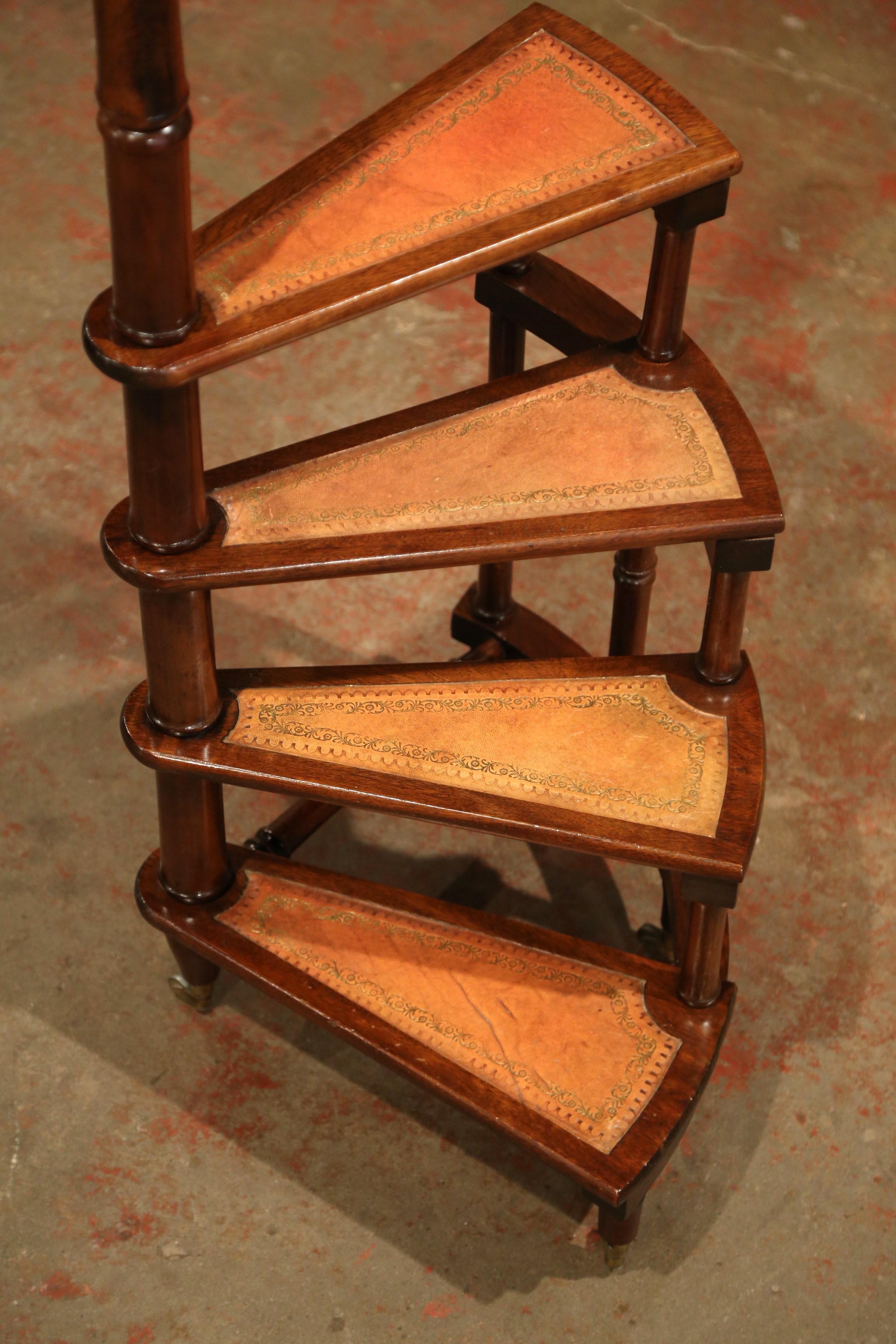 Mid-20th Century English Carved Walnut and Leather Spiral Step Library Ladder 1