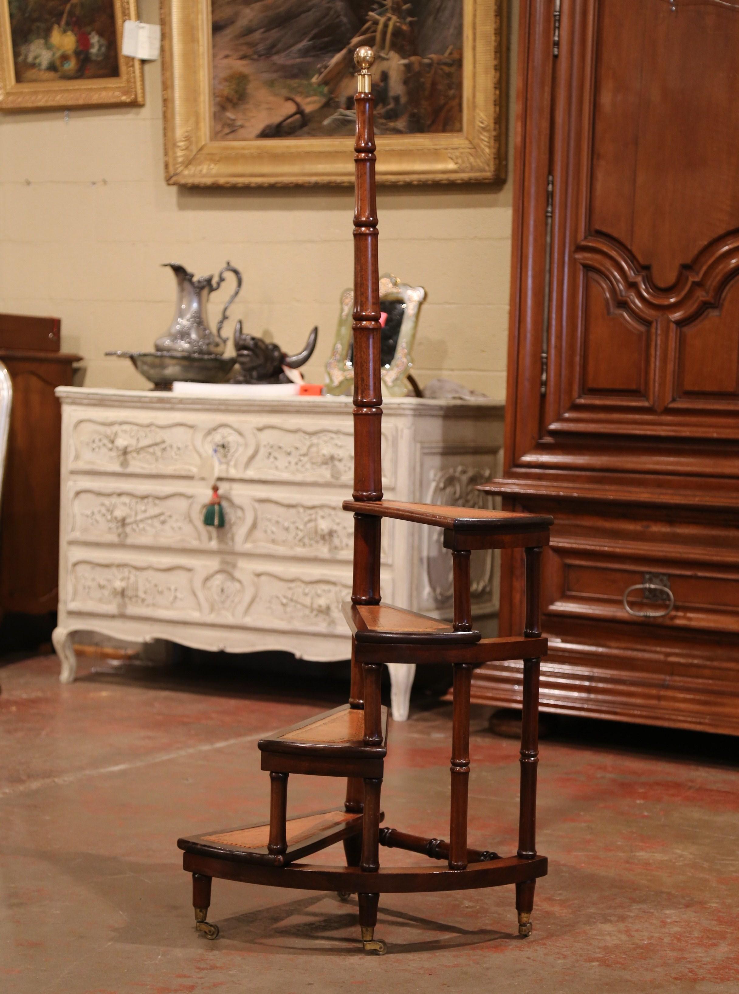 Mid-20th Century English Carved Walnut and Leather Spiral Step Library Ladder 2