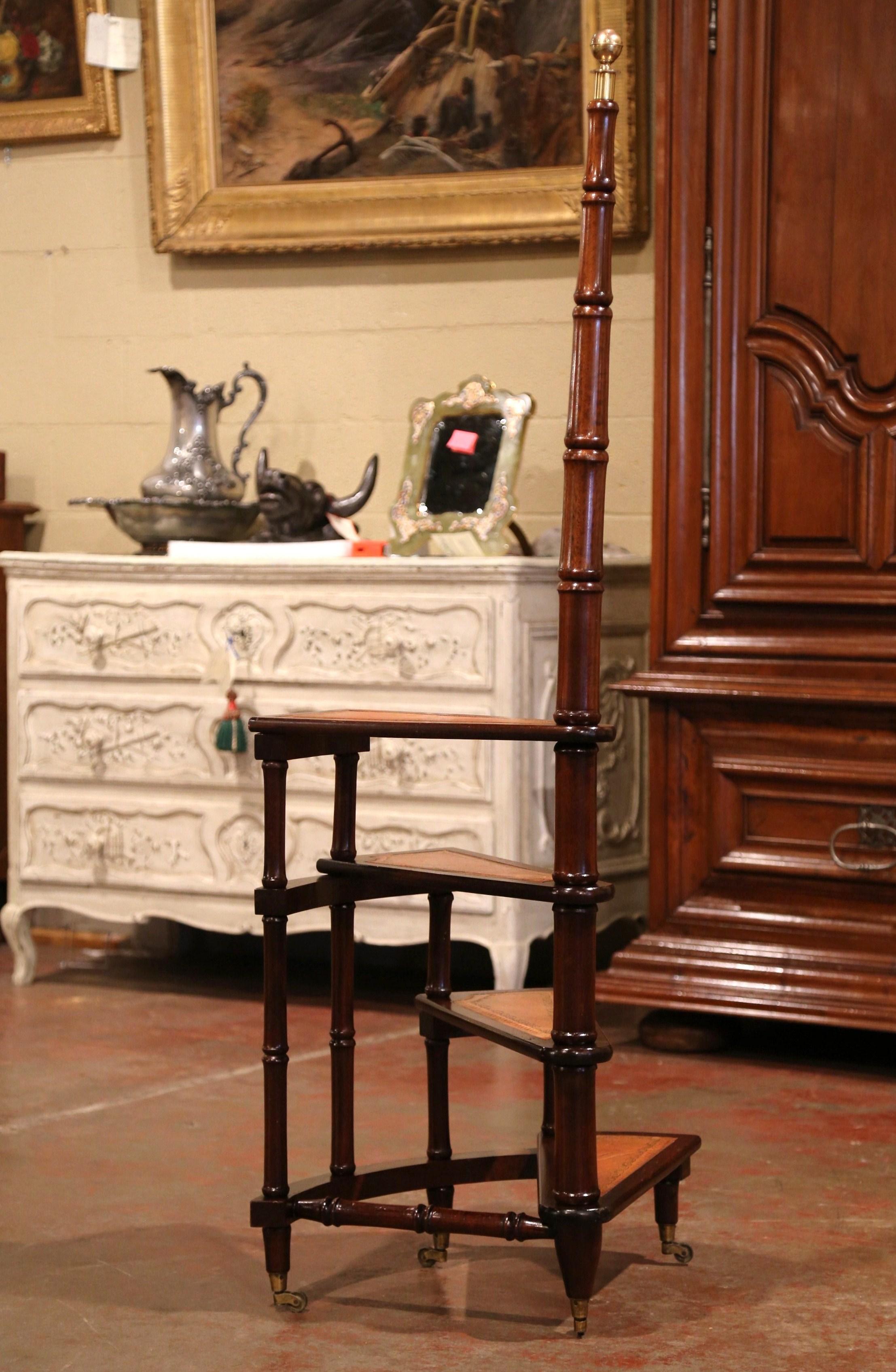 Mid-20th Century English Carved Walnut and Leather Spiral Step Library Ladder 4