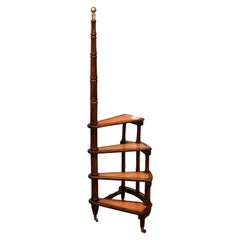 Vintage Mid-20th Century English Carved Walnut and Leather Spiral Step Library Ladder