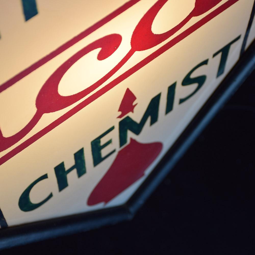 Mid-20th century chemist trade sign
We are proud to offer a rare example of a mid-20th century double sided illuminated English Chemist trade sign. A rare shape with milk glass panels, hand painted test, cast metal frame shop sign for the United