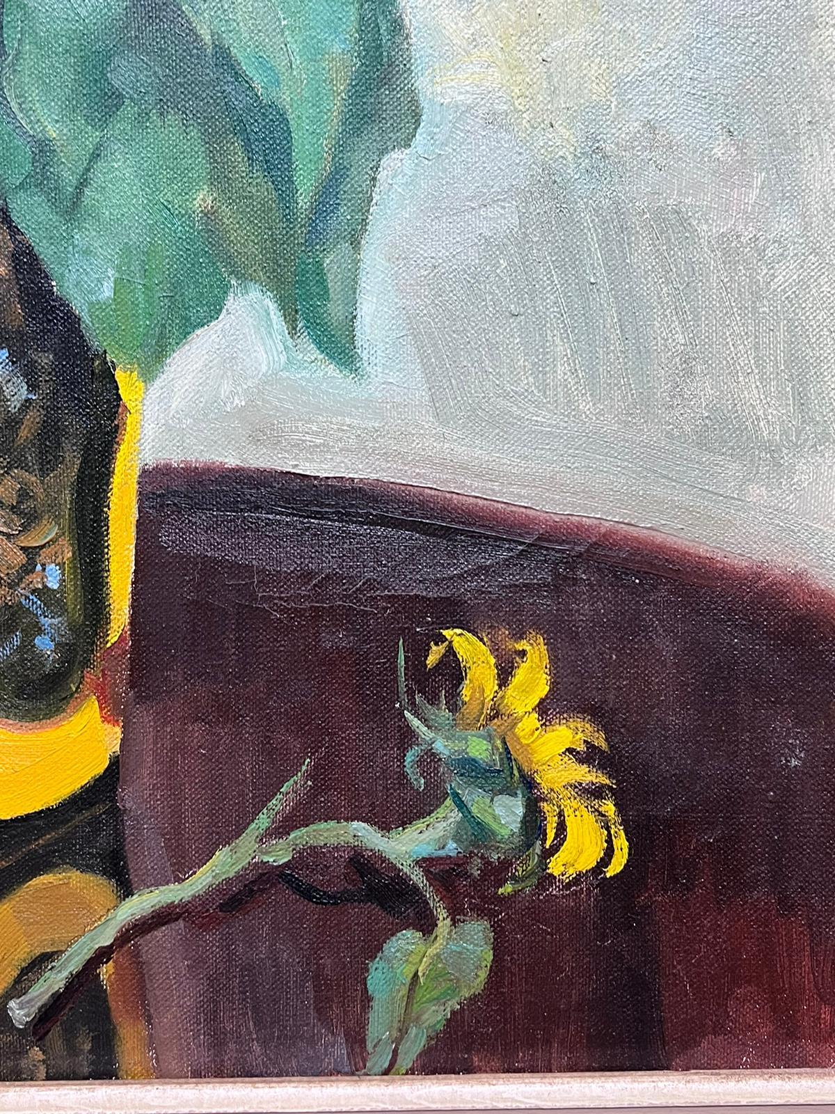 Sonnenblumen in Vase 1950er Jahre English Impressionist Signiertes Ölgemälde auf Leinwand im Angebot 2