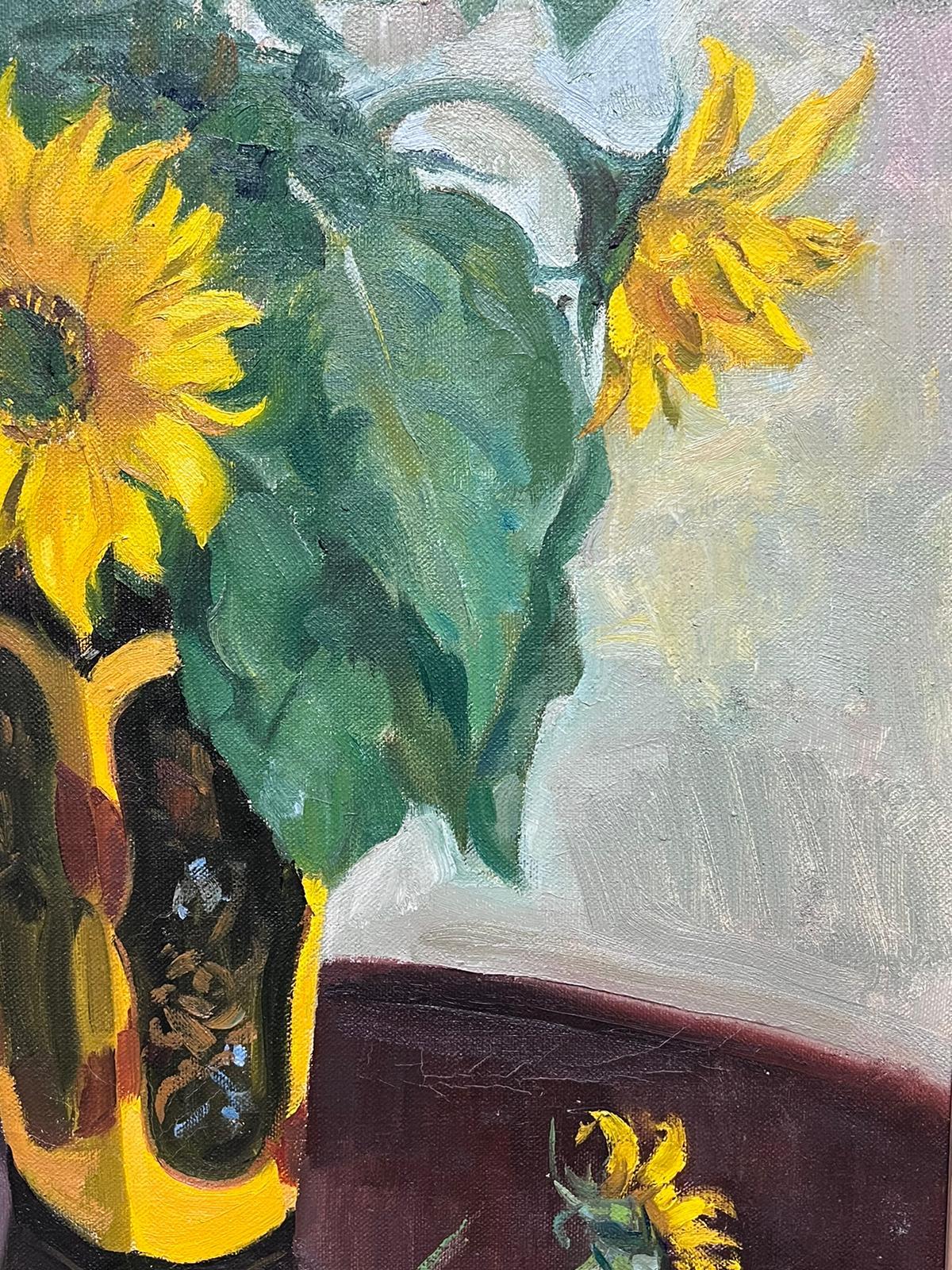 Sonnenblumen in Vase 1950er Jahre English Impressionist Signiertes Ölgemälde auf Leinwand im Angebot 3