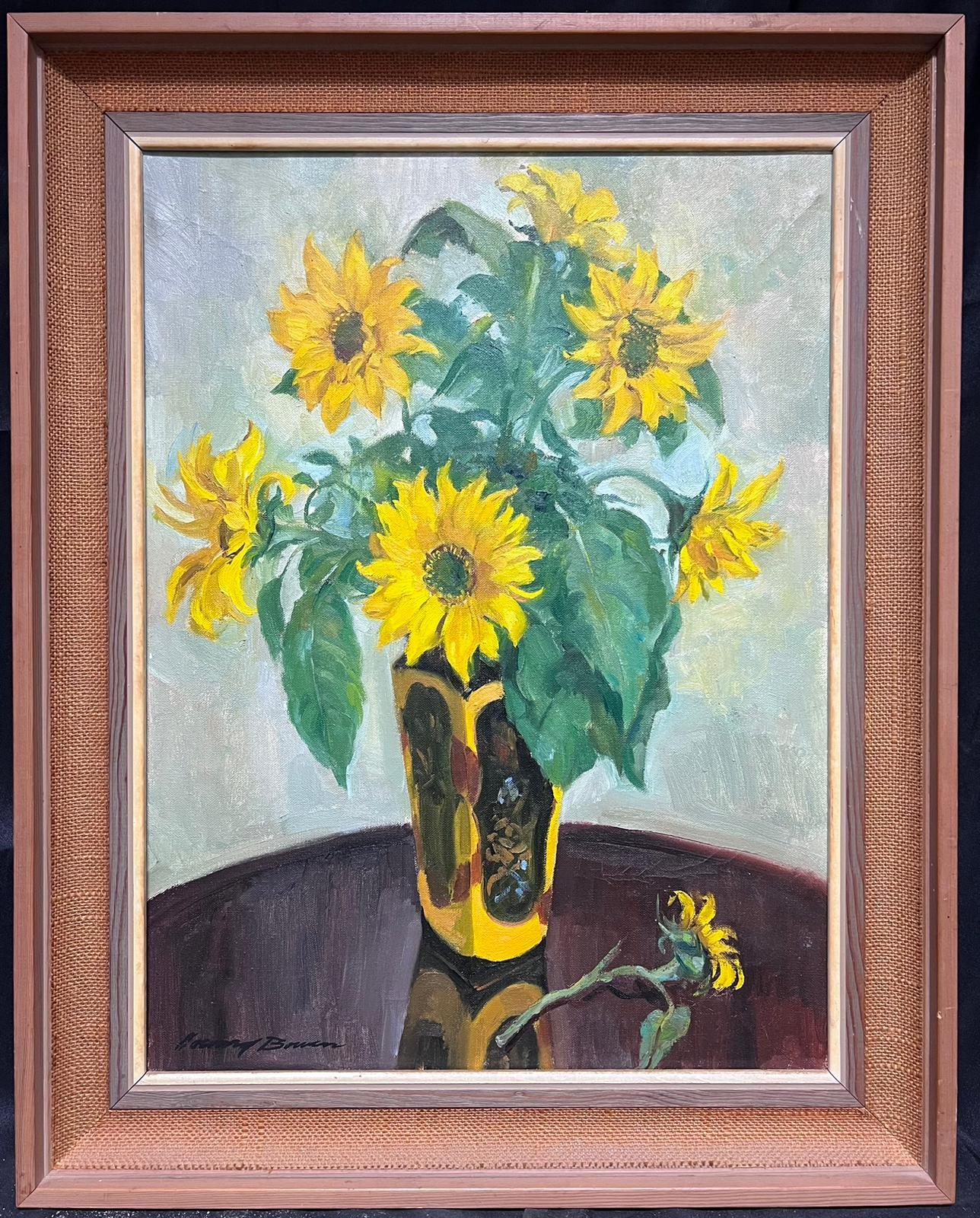 Mid 20th Century English Impressionist Interior Painting - Sunflowers in Vase 1950's English Impressionist Signed Oil Painting on Canvas
