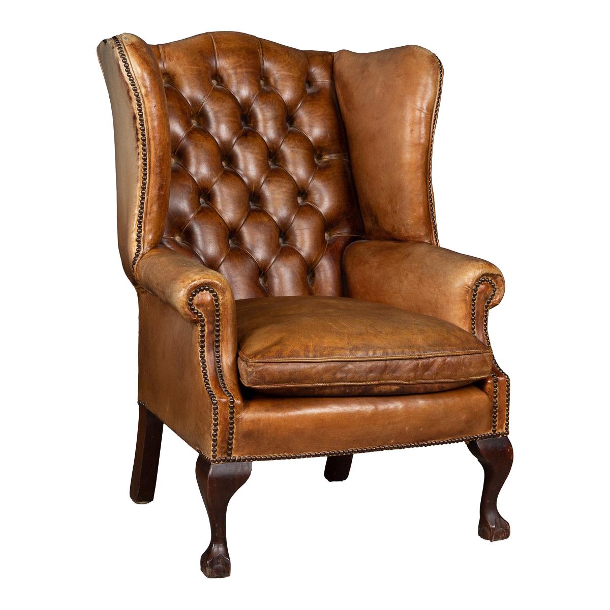 Mid-20th Century English Leather Wing Back Chair, circa 1960