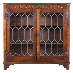 Vintage Mid-20th Century English Oak Bookcase with Leaded Glass
