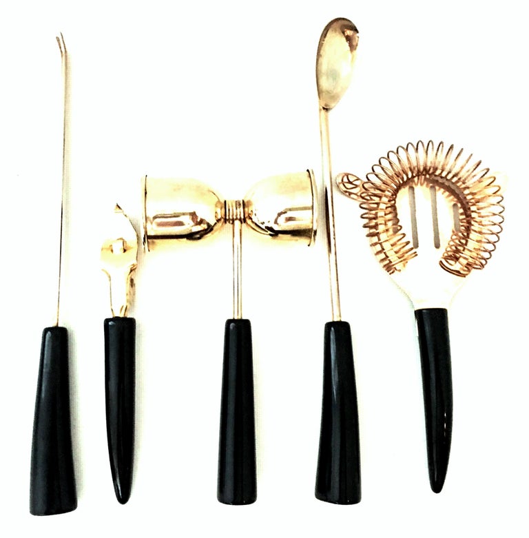 English Regent Sheffield 24Karat Gold Plate and Lucite Bar Tool Set of