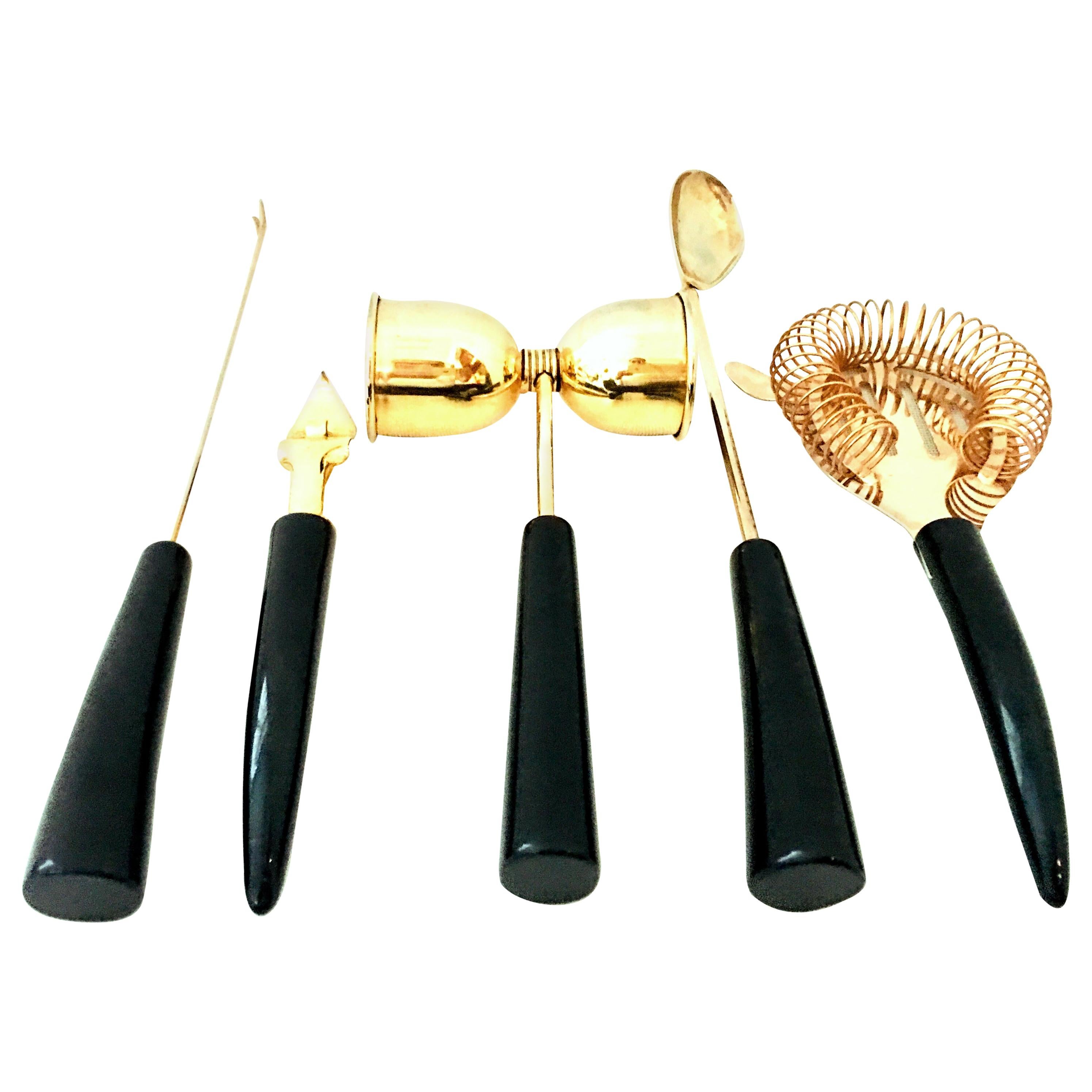 English Regent Sheffield 24-Karat Gold Plate and Lucite Bar Tool Set of 5