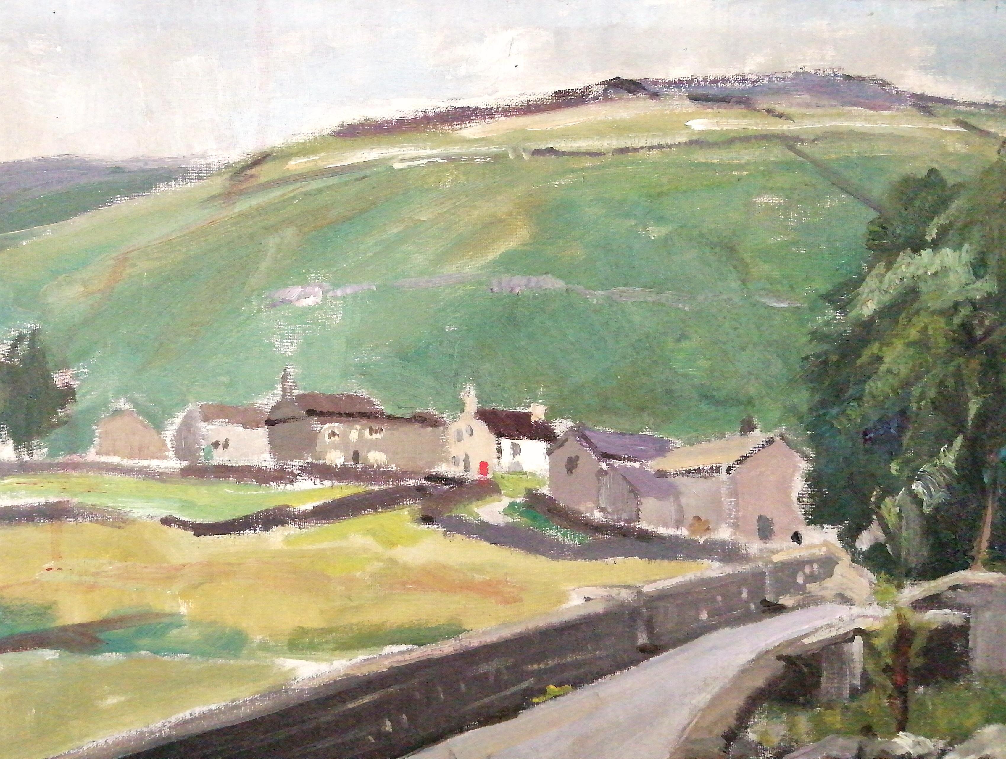 Paisaje campestre - Pintura al óleo impresionista de mediados del siglo XX sobre colinas inglesas - Landscape Painting Marrón de Mid 20th Century English School