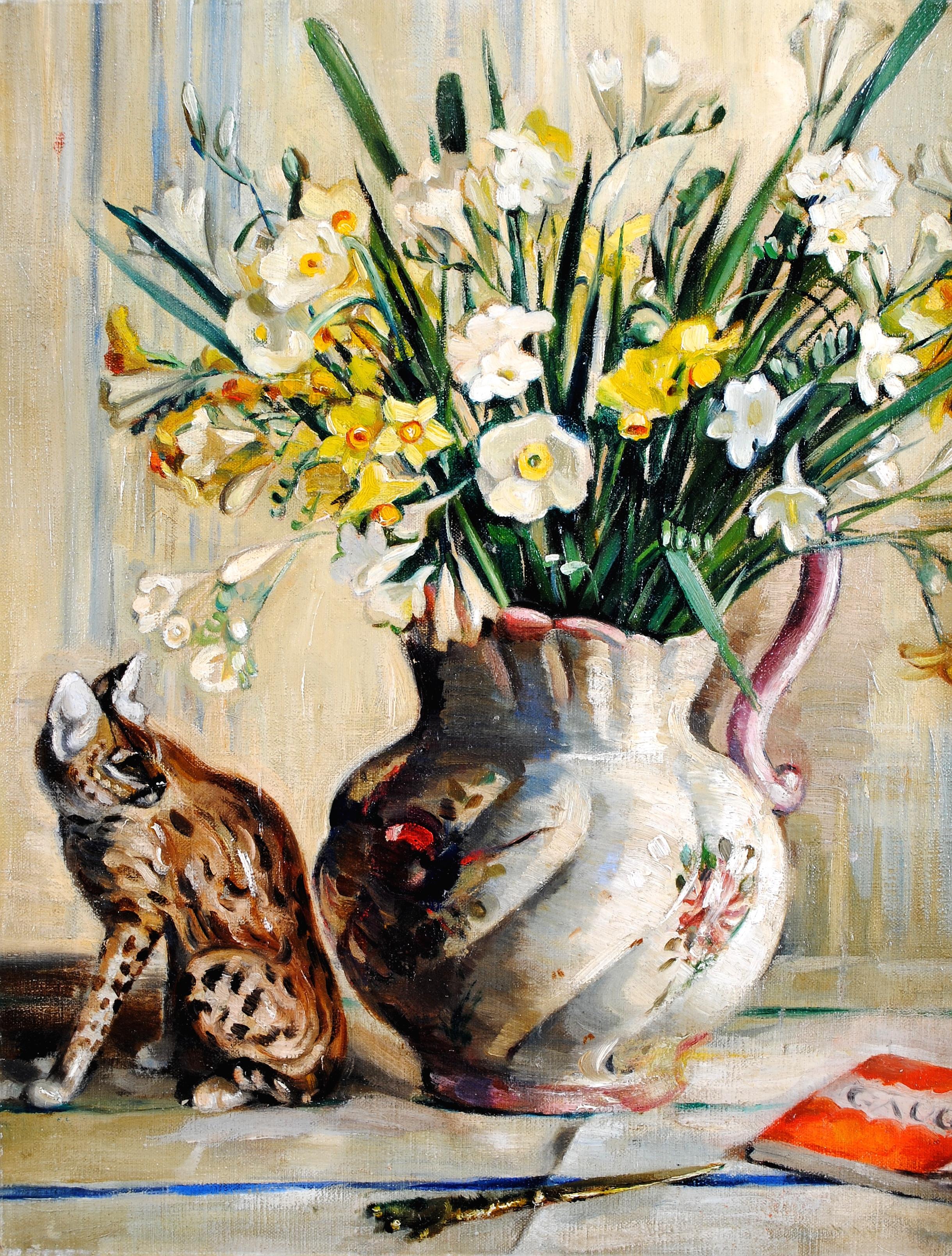 Fiori, gatto e libro - Pittura a olio English Impressionist della metà del XX secolo - Painting di Mid 20th Century English School