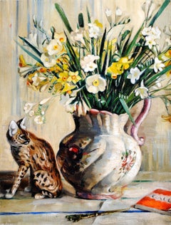 Flowers, Cat & Book - Mid 20th Century English Post Impressionist Oil Painting