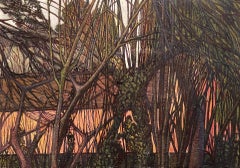 Into the Woods, paysage à l'huile abstrait anglais du 20e siècle