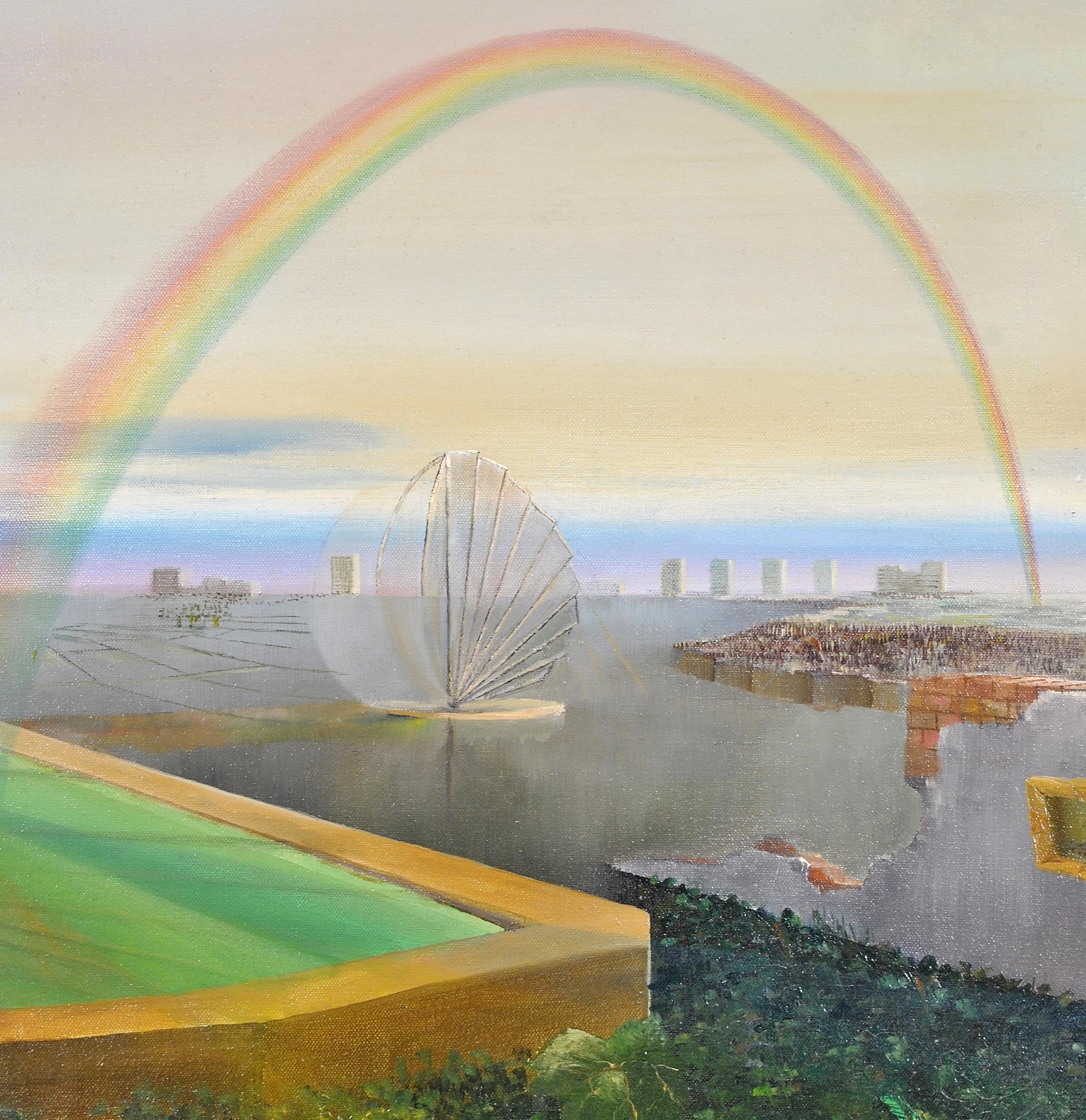 Magnifique huile sur toile anglaise des années 1960 représentant un paysage surréaliste avec un arc-en-ciel et un encadrement doré sur un mur. Une peinture étonnante et inhabituelle présentée dans un cadre doré sur mesure. 

Artistics : École