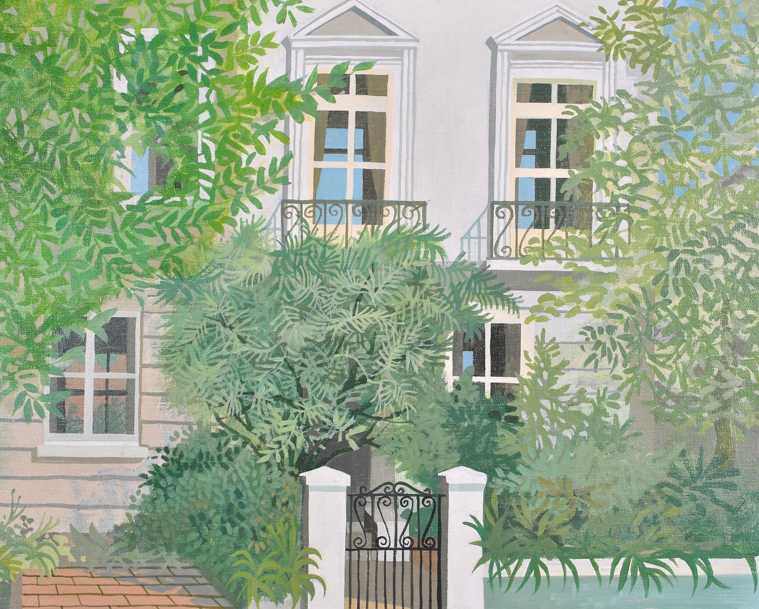 This beautiful mid 20th century oil on canvas depicts a delightful view of two early Victorian period houses in summer. 

The plants and trees are in full foliage, creating a stunning facade to these end of terrace properties. We think that the